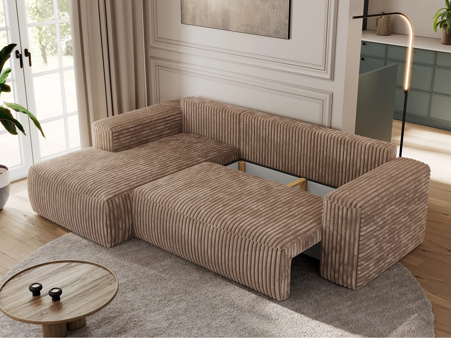 Ecksofa TRENTINO - mit Schlaffunktion und Bettkasten, L-form Couch, lose Kissen und Armlehnen - Braun Cord - Ecke Links