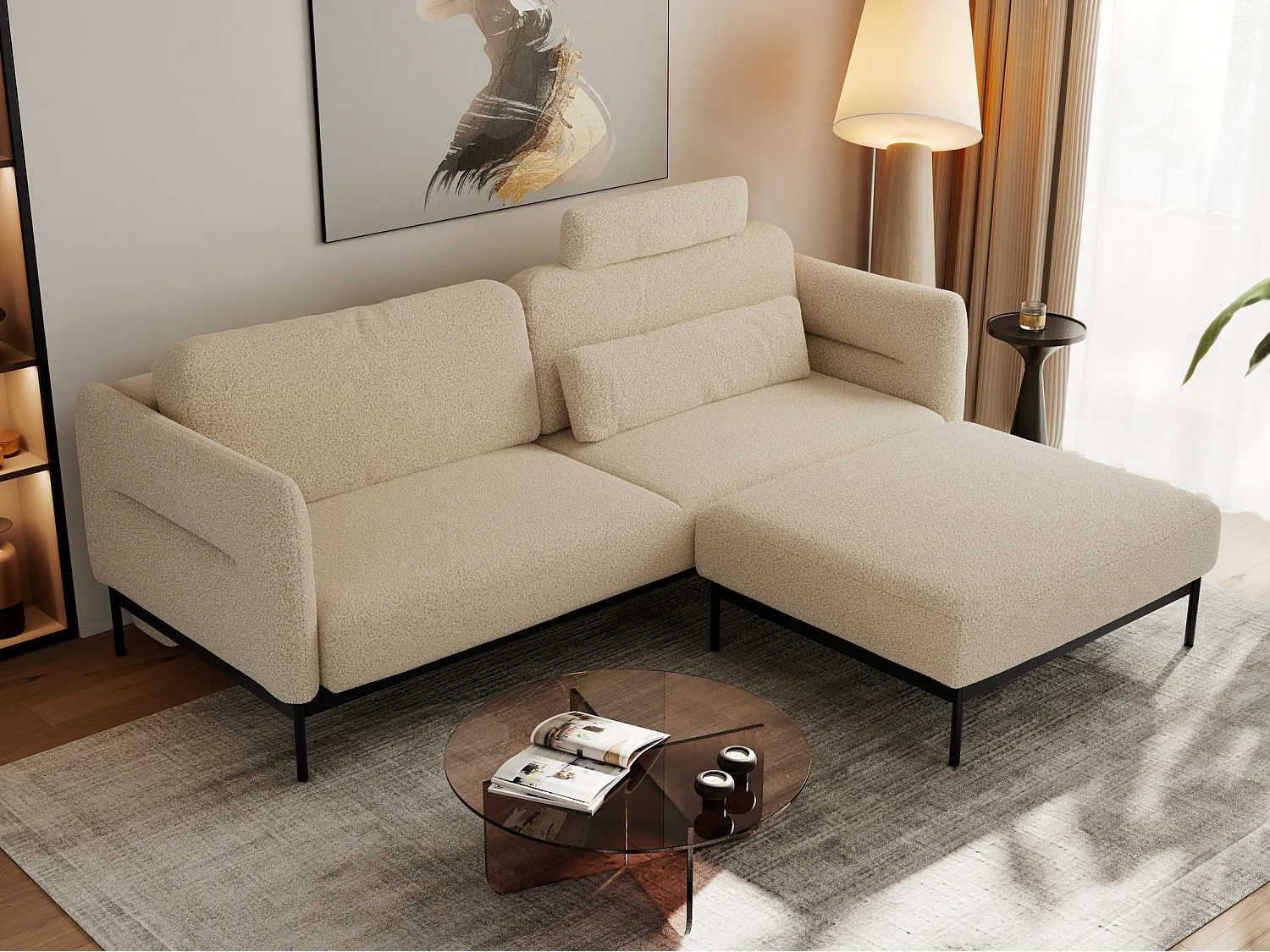 Ecksofa SALENTO - mit Metallbeine, Schlafsofa, mobilen Fußhocker, lose Kissen - Beige Boucle