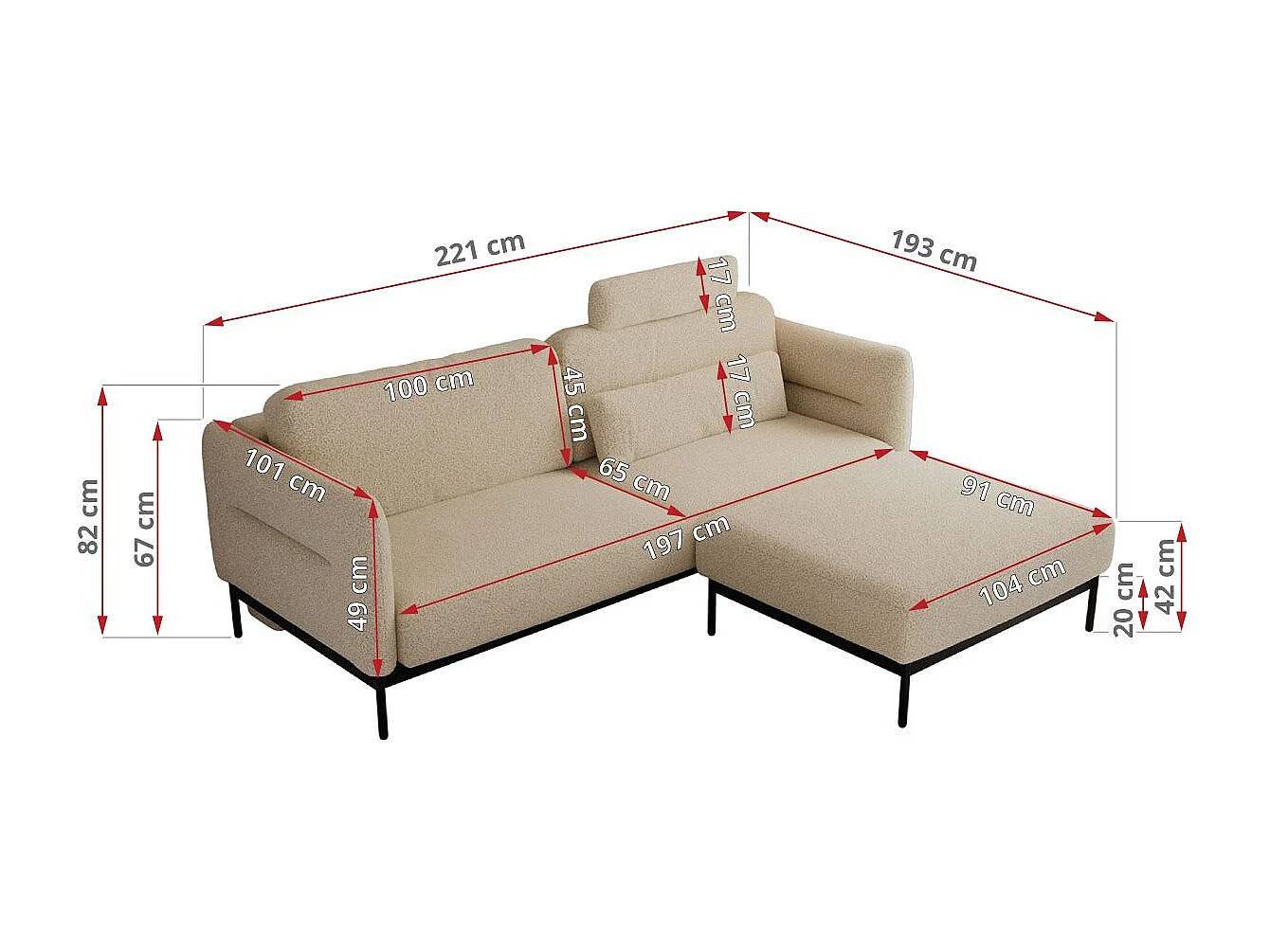 Ecksofa SALENTO - mit Metallbeine, Schlafsofa, mobilen Fußhocker, lose Kissen - Beige Boucle