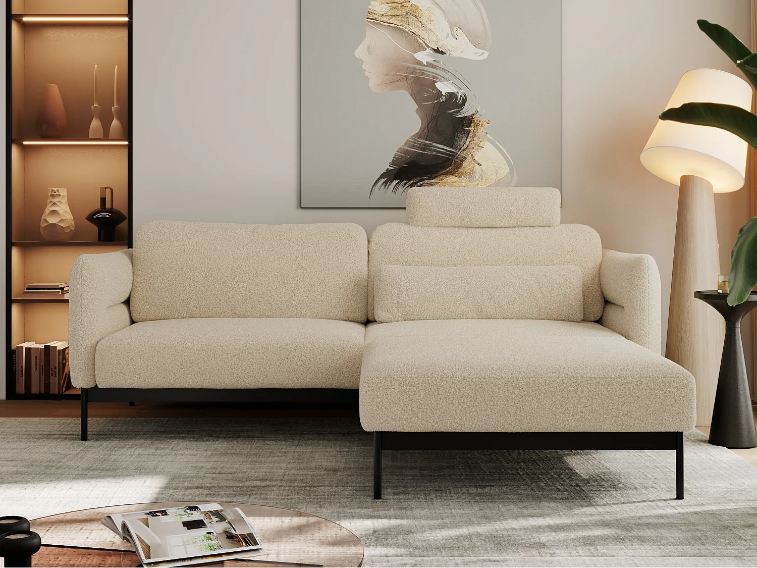 Ecksofa SALENTO - mit Metallbeine, Schlafsofa, mobilen Fußhocker, lose Kissen - Beige Boucle