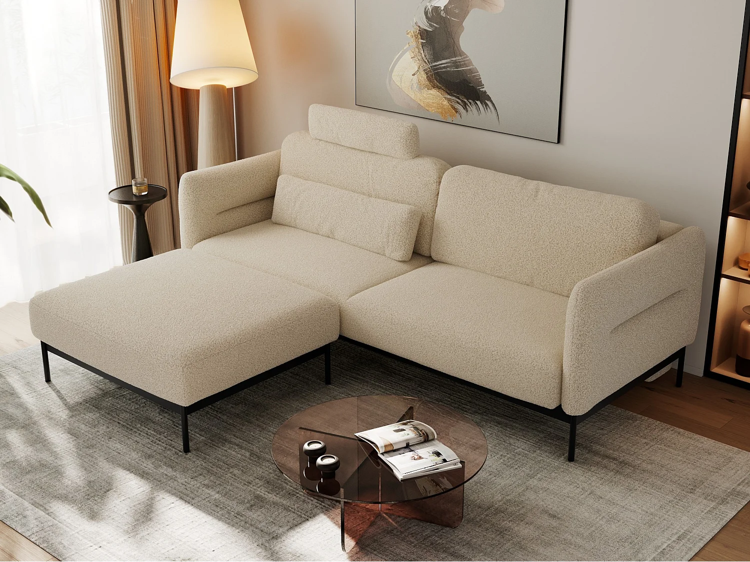 Ecksofa SALENTO - mit Metallbeine, Schlafsofa, mobilen Fußhocker, lose Kissen - Beige Boucle