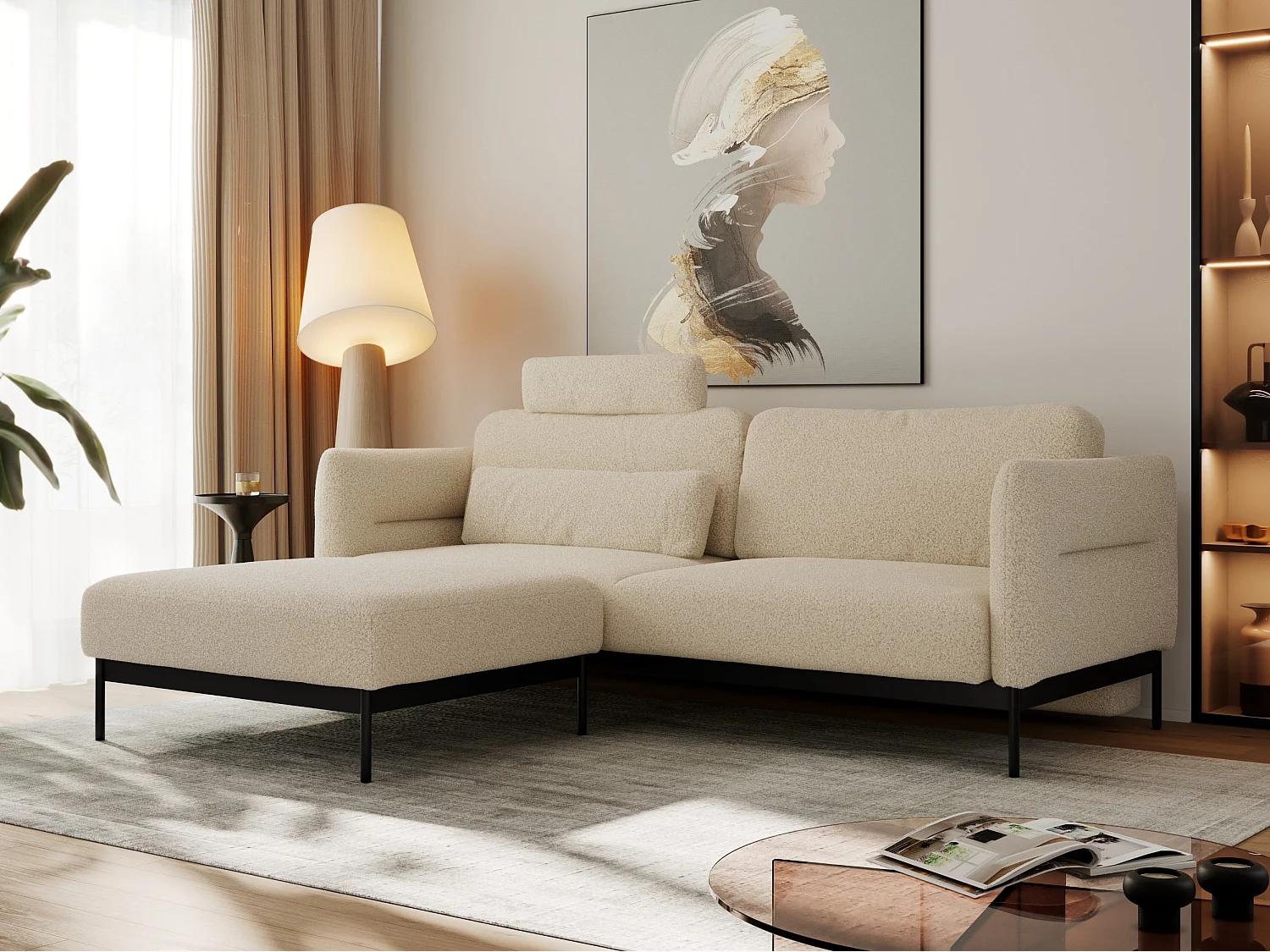 Ecksofa SALENTO - mit Metallbeine, Schlafsofa, mobilen Fußhocker, lose Kissen - Beige Boucle