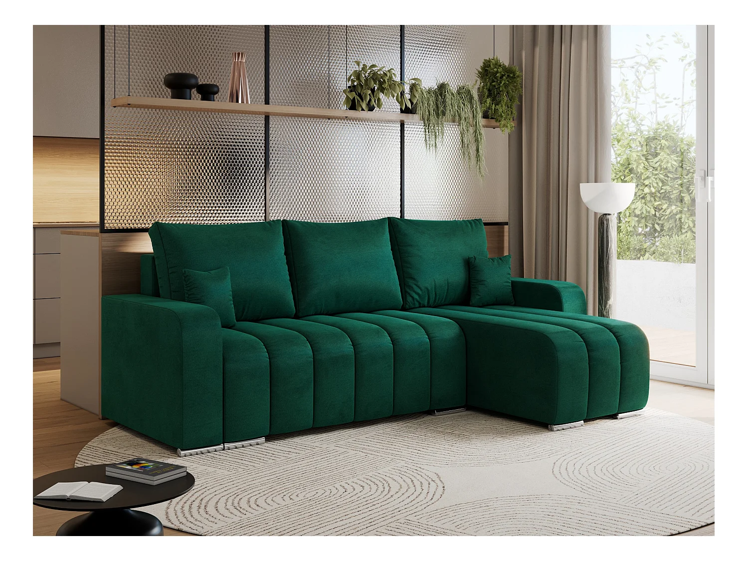 Ecksofa KIRASSO - universelles mit Schlaffunktion und Bettkasten, lose Kissen, Armlehnen - Dunkelgrün Velvet