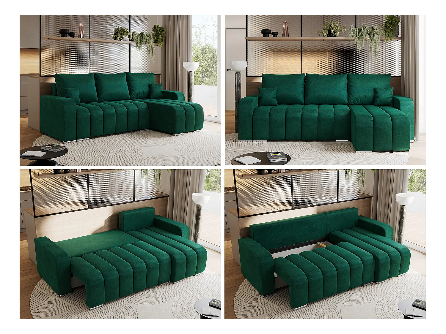 Ecksofa KIRASSO - universelles mit Schlaffunktion und Bettkasten, lose Kissen, Armlehnen - Dunkelgrün Velvet