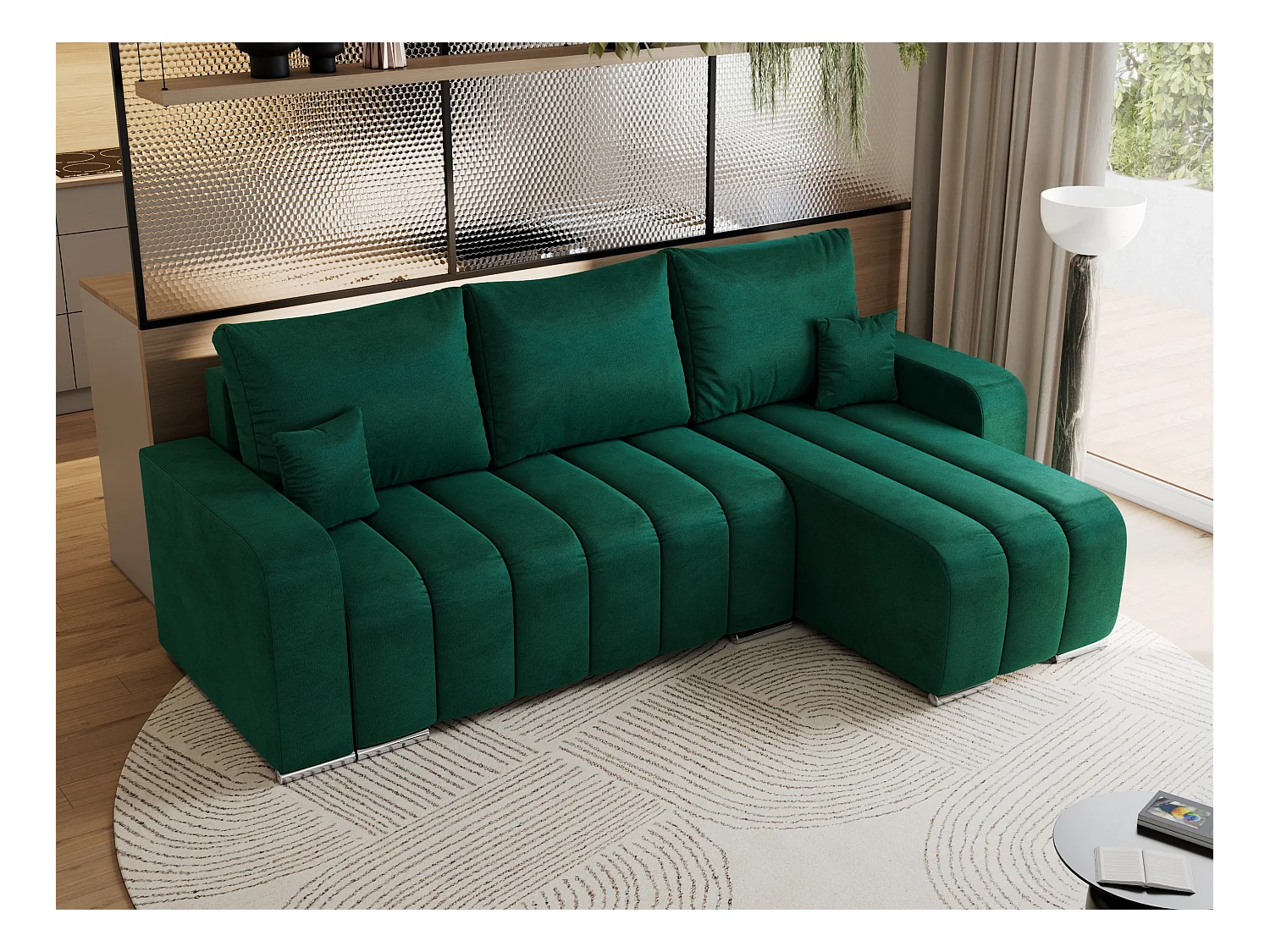 Ecksofa KIRASSO - universelles mit Schlaffunktion und Bettkasten, lose Kissen, Armlehnen - Dunkelgrün Velvet