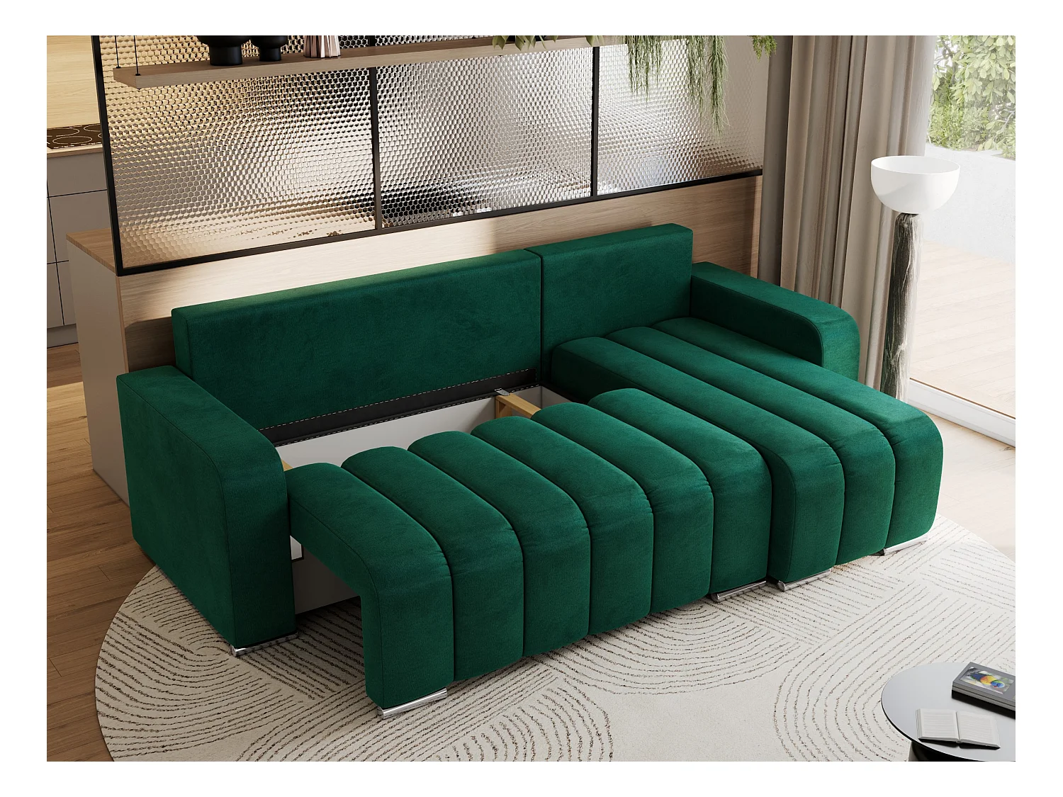 Ecksofa KIRASSO - universelles mit Schlaffunktion und Bettkasten, lose Kissen, Armlehnen - Dunkelgrün Velvet