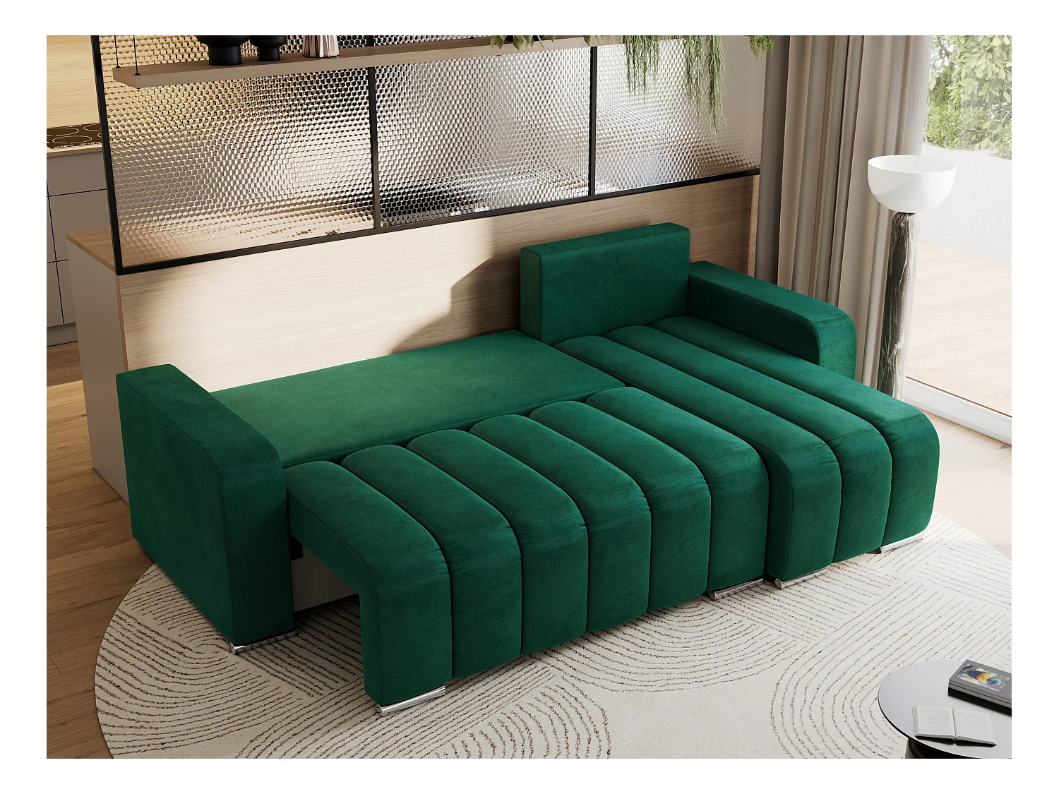 Ecksofa KIRASSO - universelles mit Schlaffunktion und Bettkasten, lose Kissen, Armlehnen - Dunkelgrün Velvet