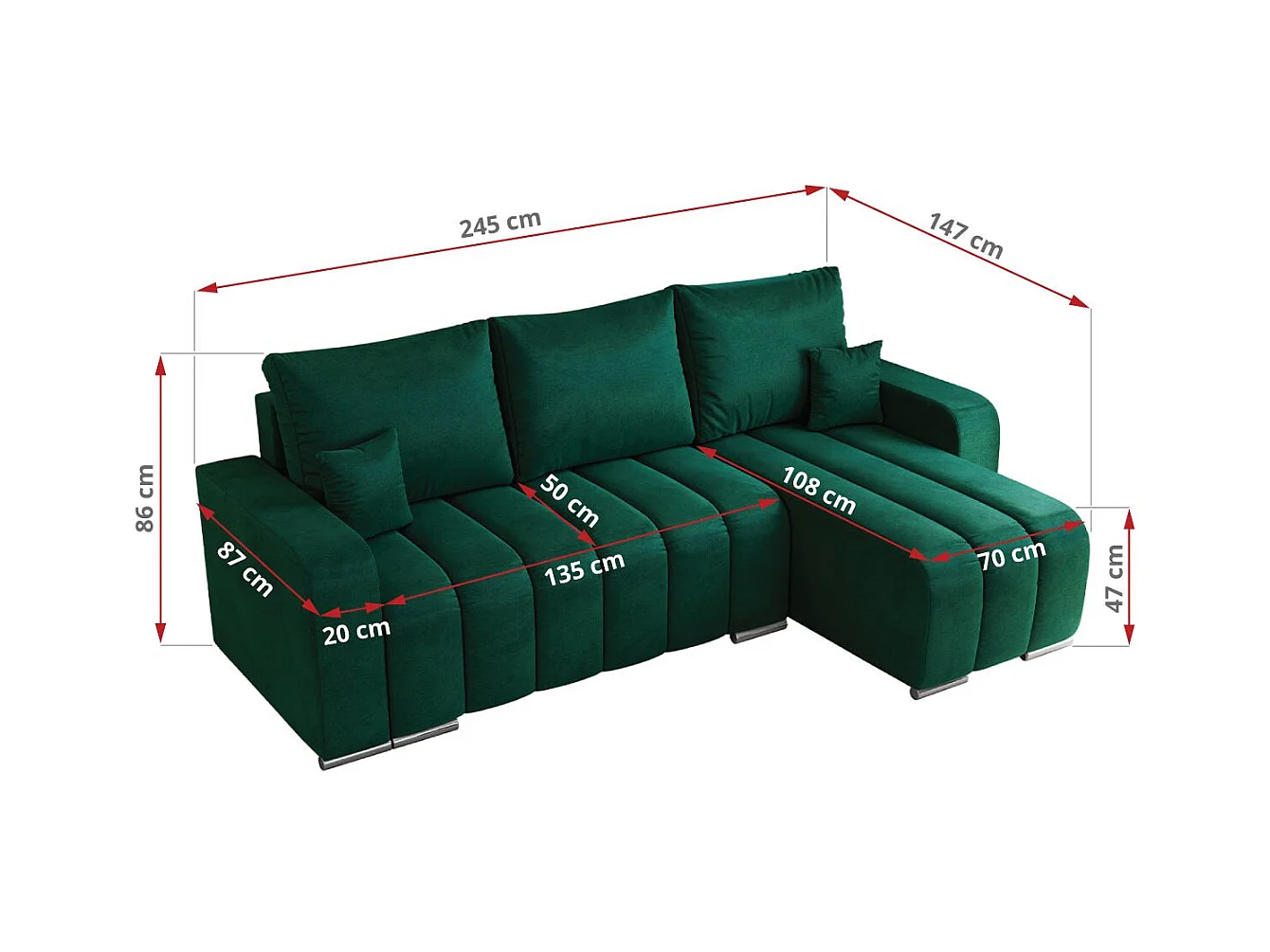 Ecksofa KIRASSO - universelles mit Schlaffunktion und Bettkasten, lose Kissen, Armlehnen - Dunkelgrün Velvet