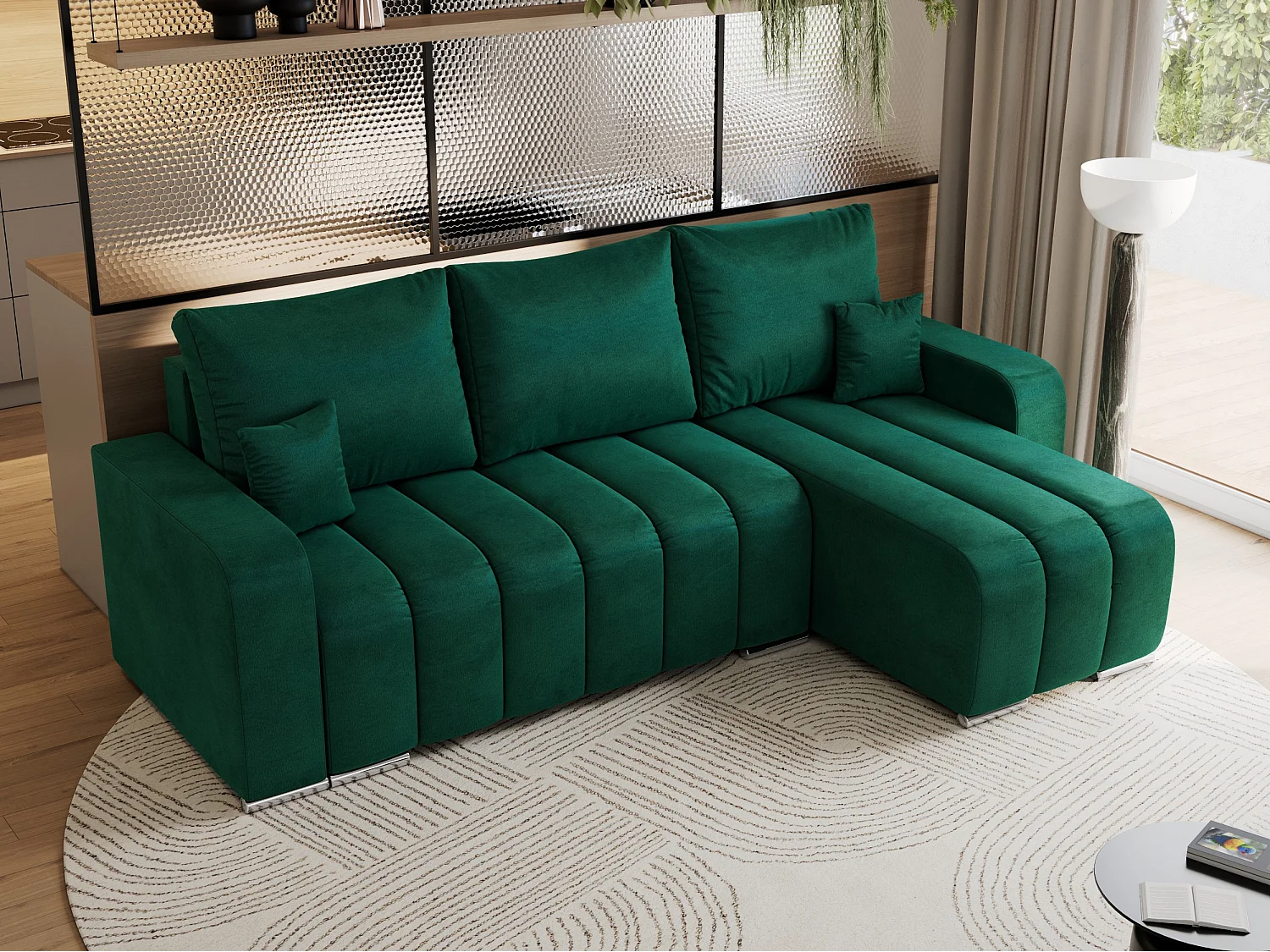 Ecksofa KIRASSO - universelles mit Schlaffunktion und Bettkasten, lose Kissen, Armlehnen - Dunkelgrün Velvet