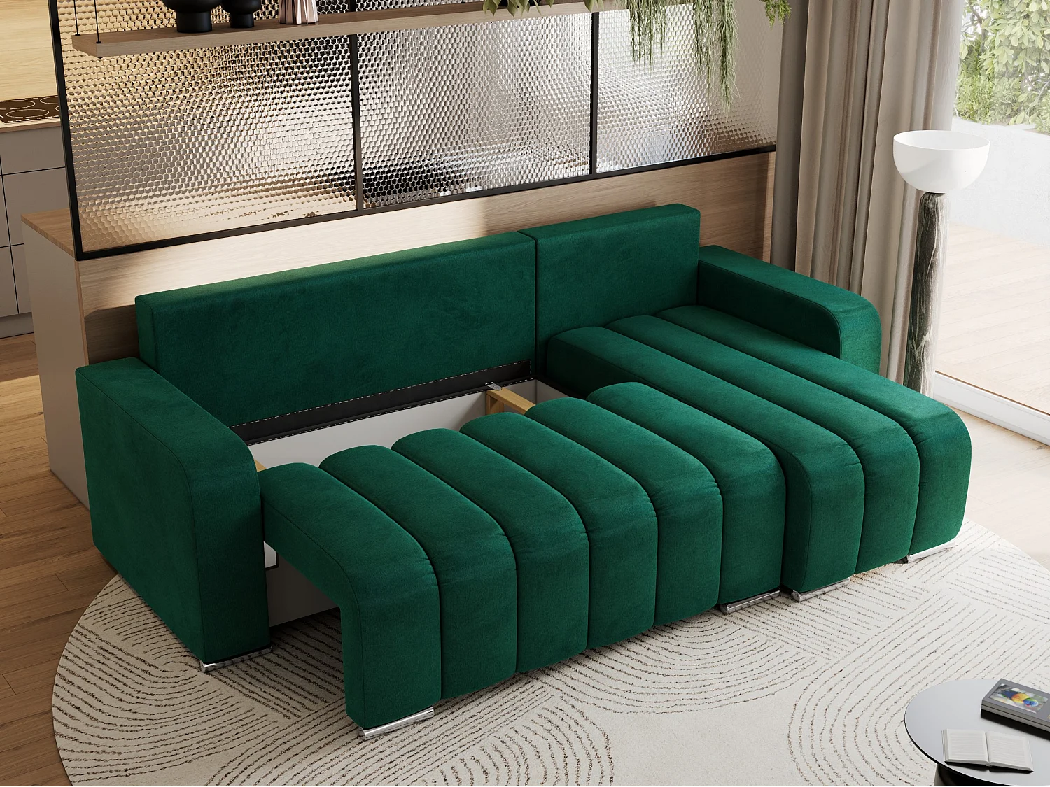 Ecksofa KIRASSO - universelles mit Schlaffunktion und Bettkasten, lose Kissen, Armlehnen - Dunkelgrün Velvet