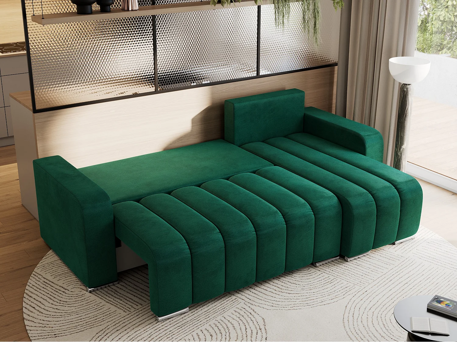 Ecksofa KIRASSO - universelles mit Schlaffunktion und Bettkasten, lose Kissen, Armlehnen - Dunkelgrün Velvet