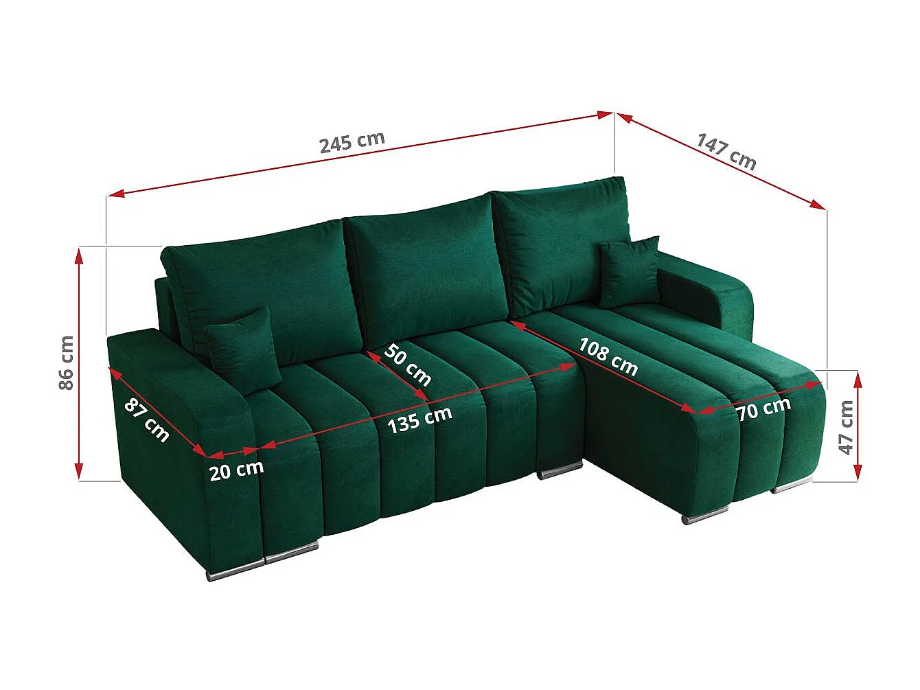 Ecksofa KIRASSO - universelles mit Schlaffunktion und Bettkasten, lose Kissen, Armlehnen - Dunkelgrün Velvet