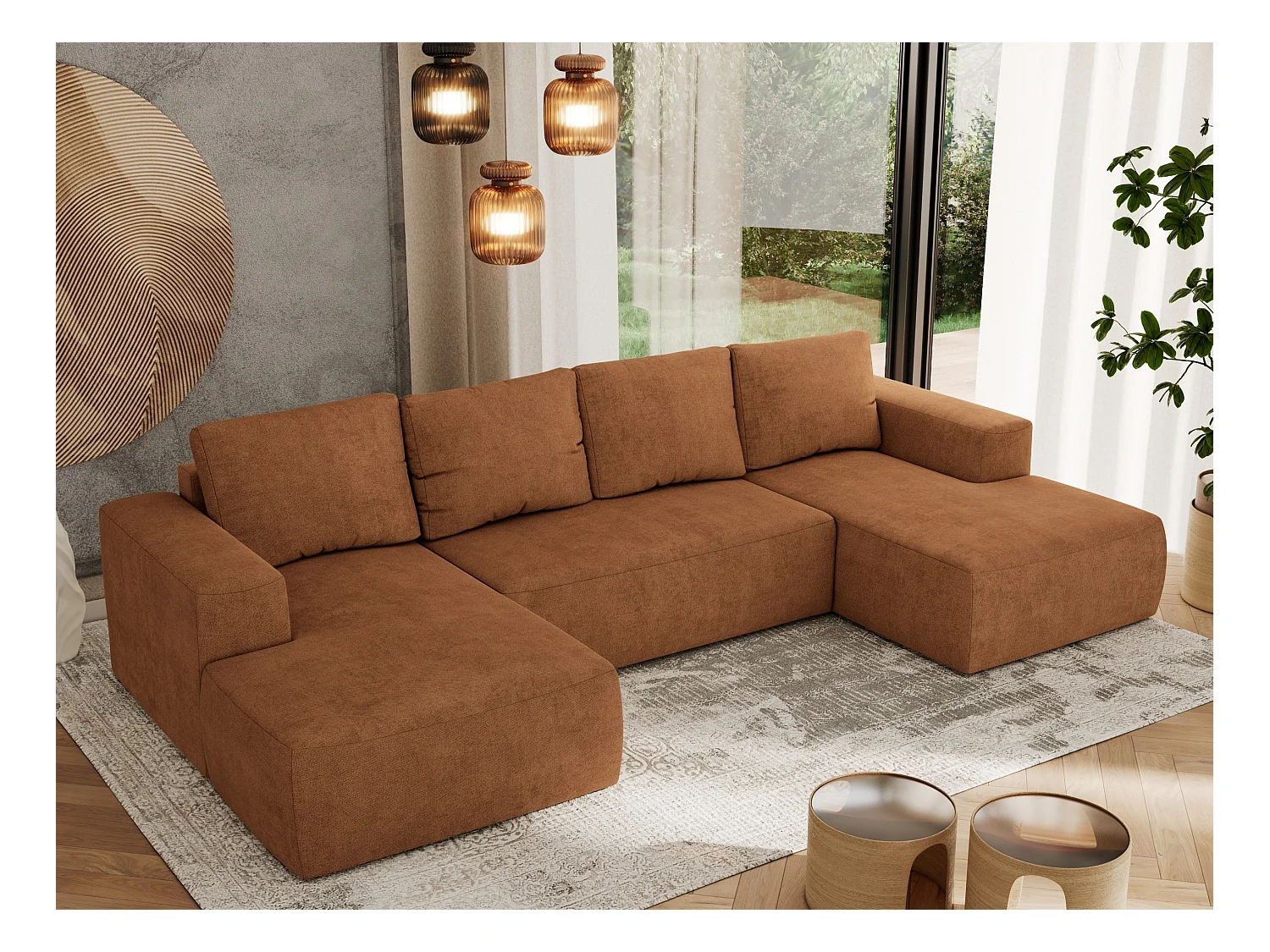 Ecksofa TRENTINO U - mit Schlaffunktion und Bettkasten, U-förmiges Wohnlandschaft, Armlehnen - Orange Strukture