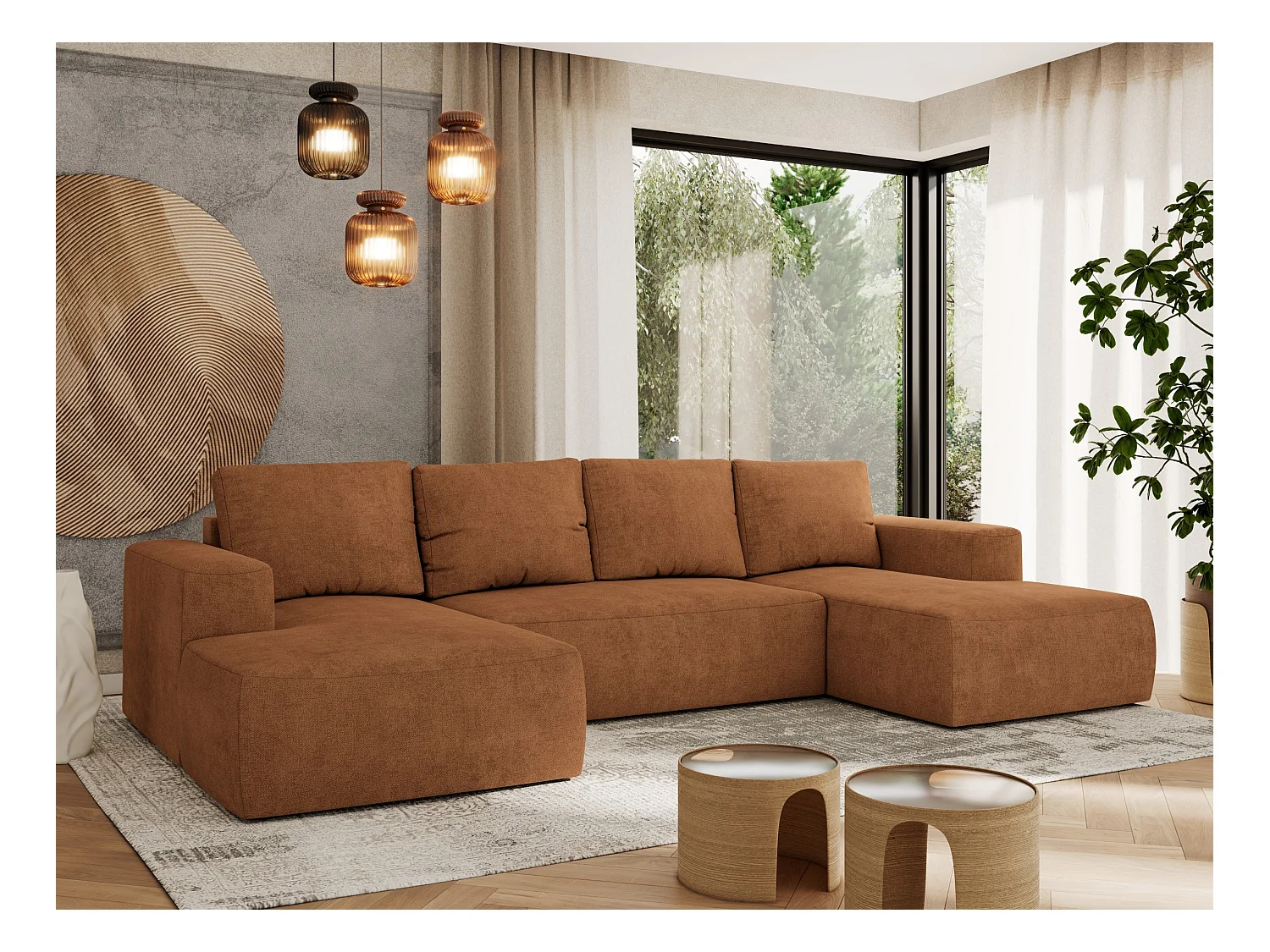 Ecksofa TRENTINO U - mit Schlaffunktion und Bettkasten, U-förmiges Wohnlandschaft, Armlehnen - Orange Strukture