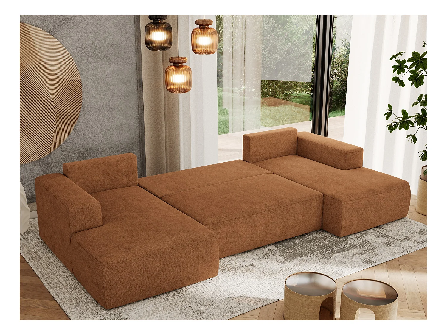 Ecksofa TRENTINO U - mit Schlaffunktion und Bettkasten, U-förmiges Wohnlandschaft, Armlehnen - Orange Strukture