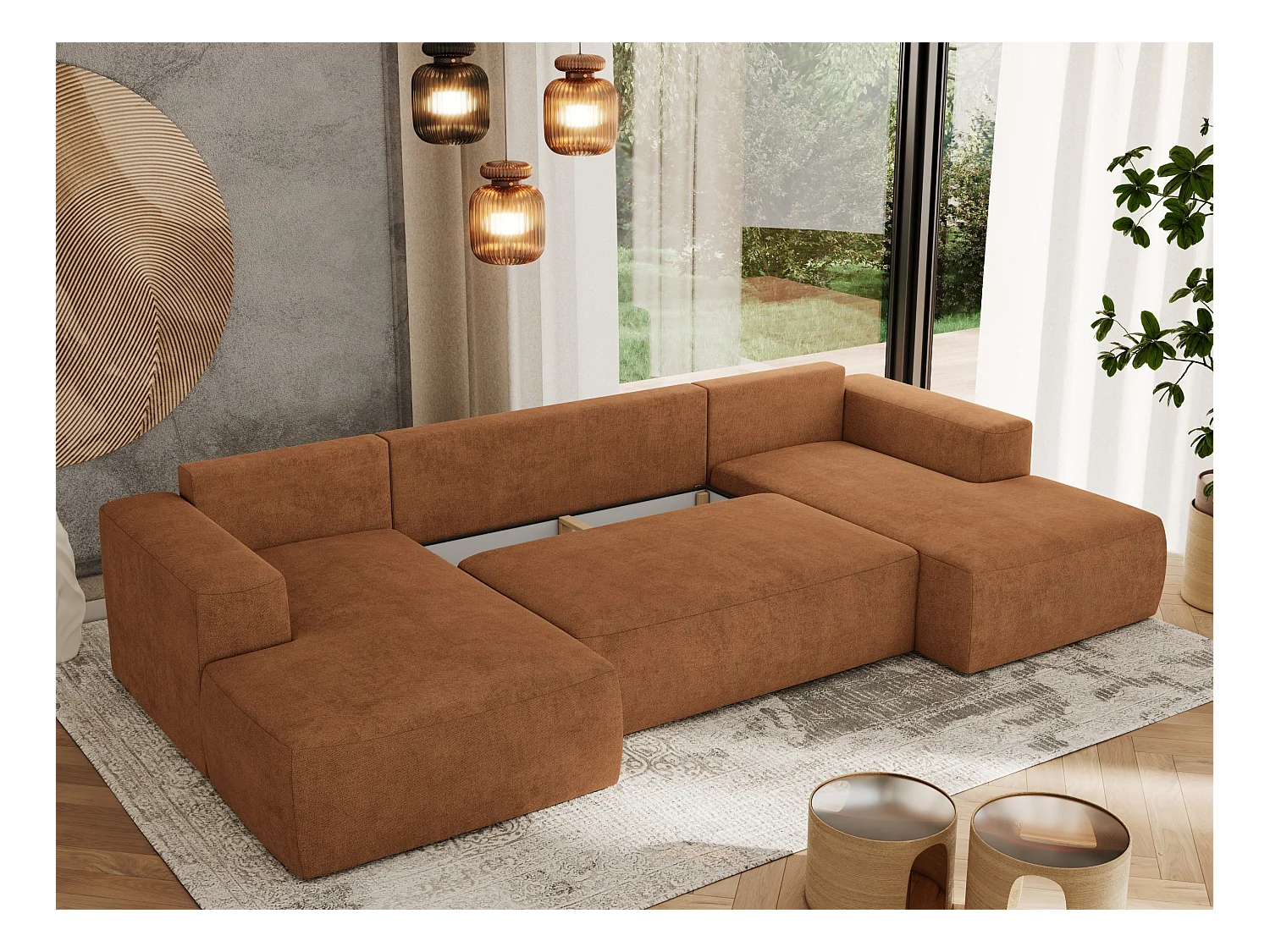Ecksofa TRENTINO U - mit Schlaffunktion und Bettkasten, U-förmiges Wohnlandschaft, Armlehnen - Orange Strukture