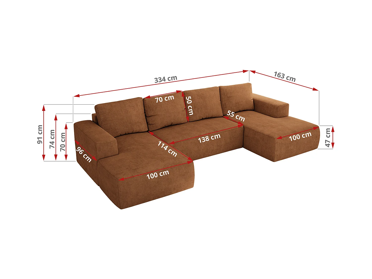 Ecksofa TRENTINO U - mit Schlaffunktion und Bettkasten, U-förmiges Wohnlandschaft, Armlehnen - Orange Strukture