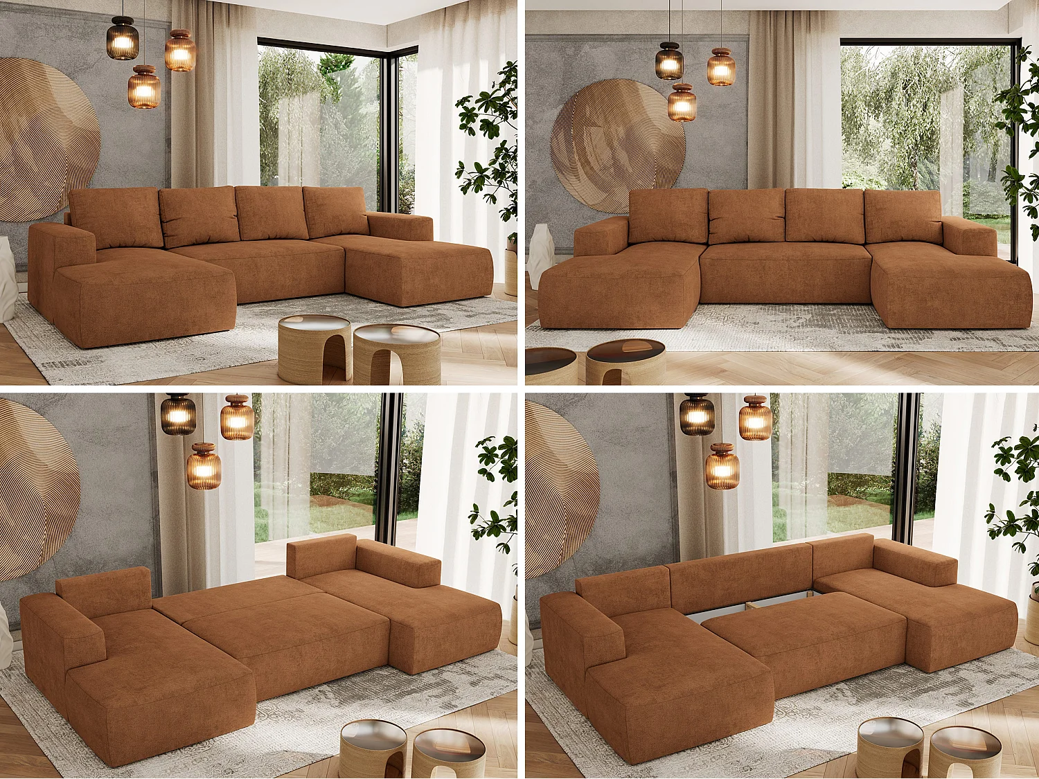 Ecksofa TRENTINO U - mit Schlaffunktion und Bettkasten, U-förmiges Wohnlandschaft, Armlehnen - Orange Strukture