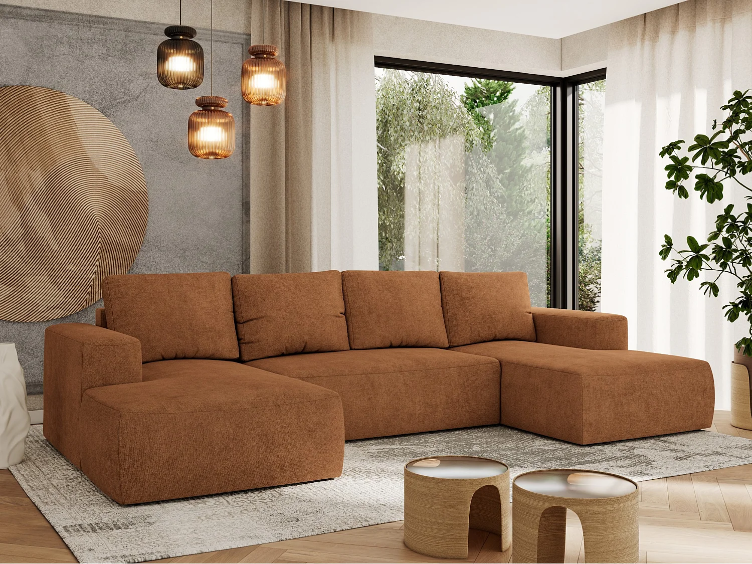 Ecksofa TRENTINO U - mit Schlaffunktion und Bettkasten, U-förmiges Wohnlandschaft, Armlehnen - Orange Strukture