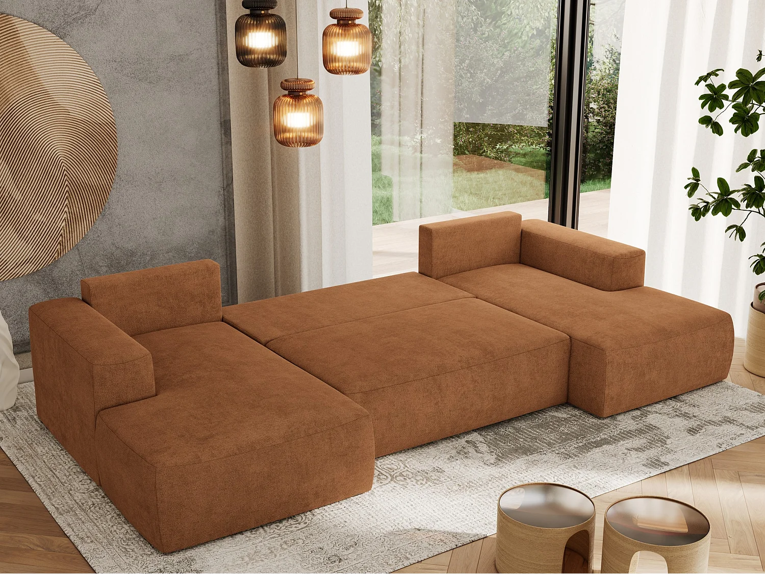 Ecksofa TRENTINO U - mit Schlaffunktion und Bettkasten, U-förmiges Wohnlandschaft, Armlehnen - Orange Strukture