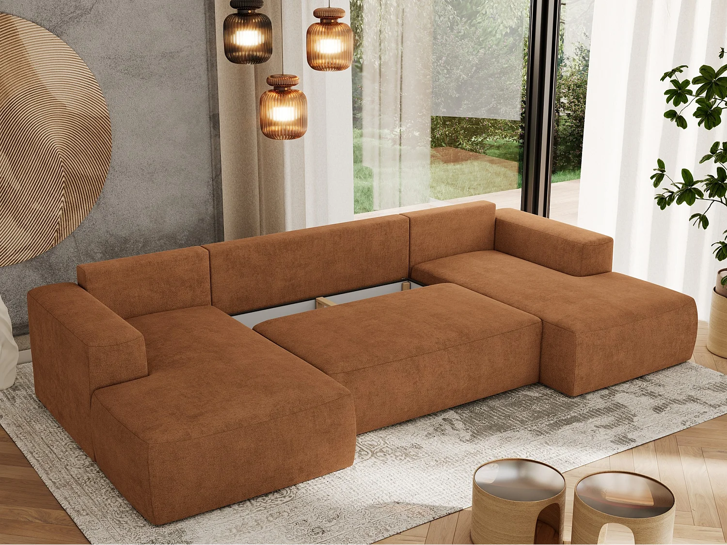 Ecksofa TRENTINO U - mit Schlaffunktion und Bettkasten, U-förmiges Wohnlandschaft, Armlehnen - Orange Strukture