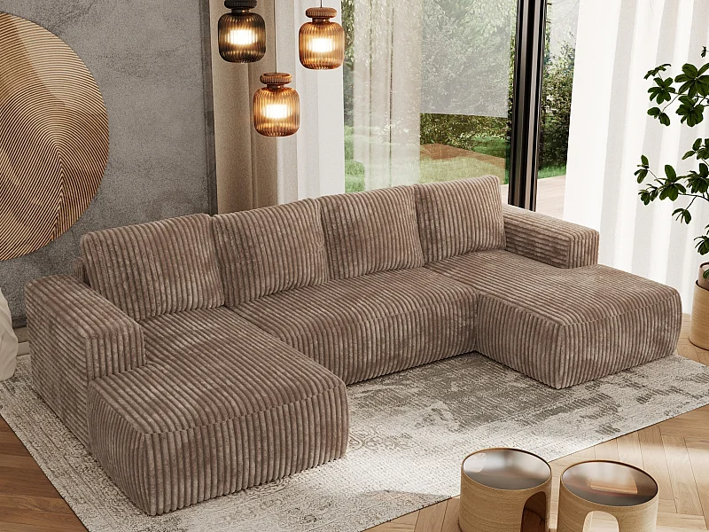 Ecksofa TRENTINO U - mit Schlaffunktion und Bettkasten, U-förmiges Wohnlandschaft, Armlehnen - Braun Cord