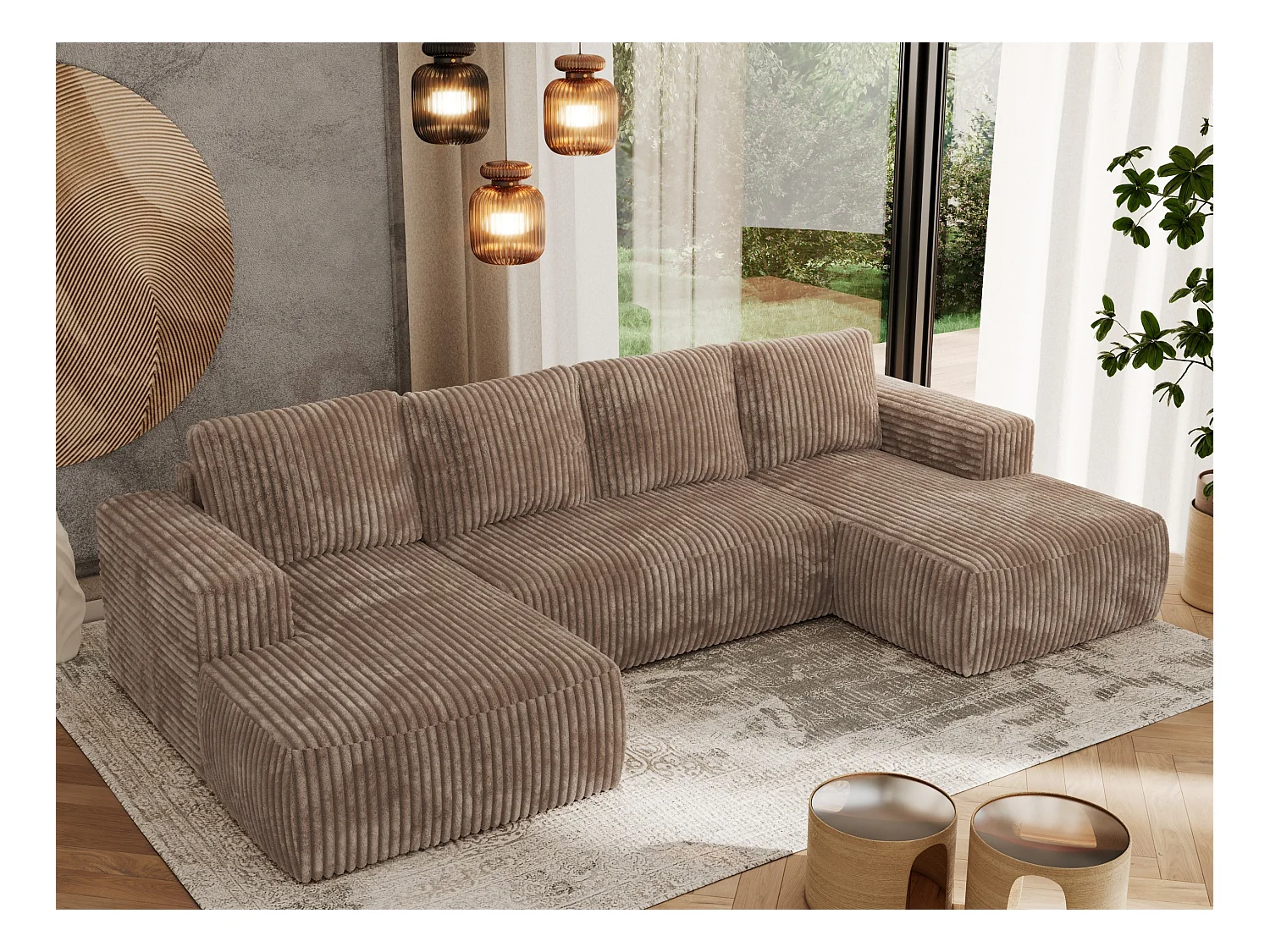 Ecksofa TRENTINO U - mit Schlaffunktion und Bettkasten, U-förmiges Wohnlandschaft, Armlehnen - Braun Cord