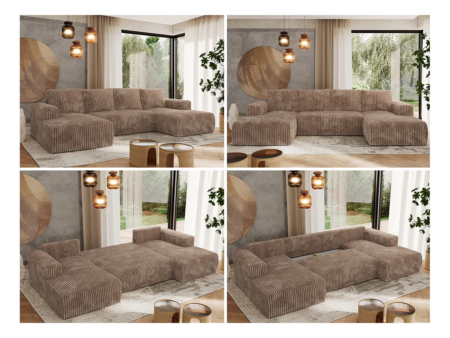 Ecksofa TRENTINO U - mit Schlaffunktion und Bettkasten, U-förmiges Wohnlandschaft, Armlehnen - Braun Cord