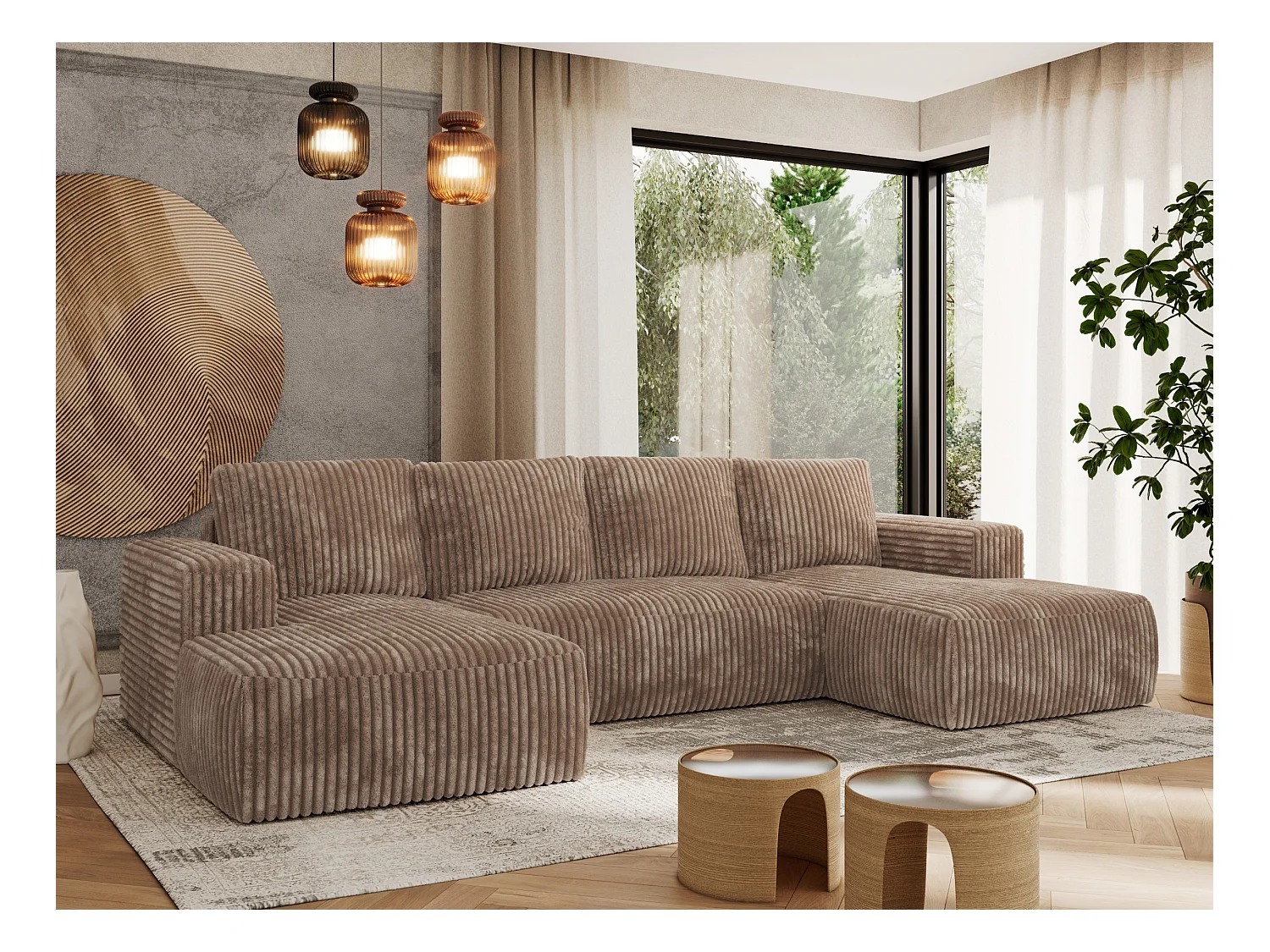 Ecksofa TRENTINO U - mit Schlaffunktion und Bettkasten, U-förmiges Wohnlandschaft, Armlehnen - Braun Cord
