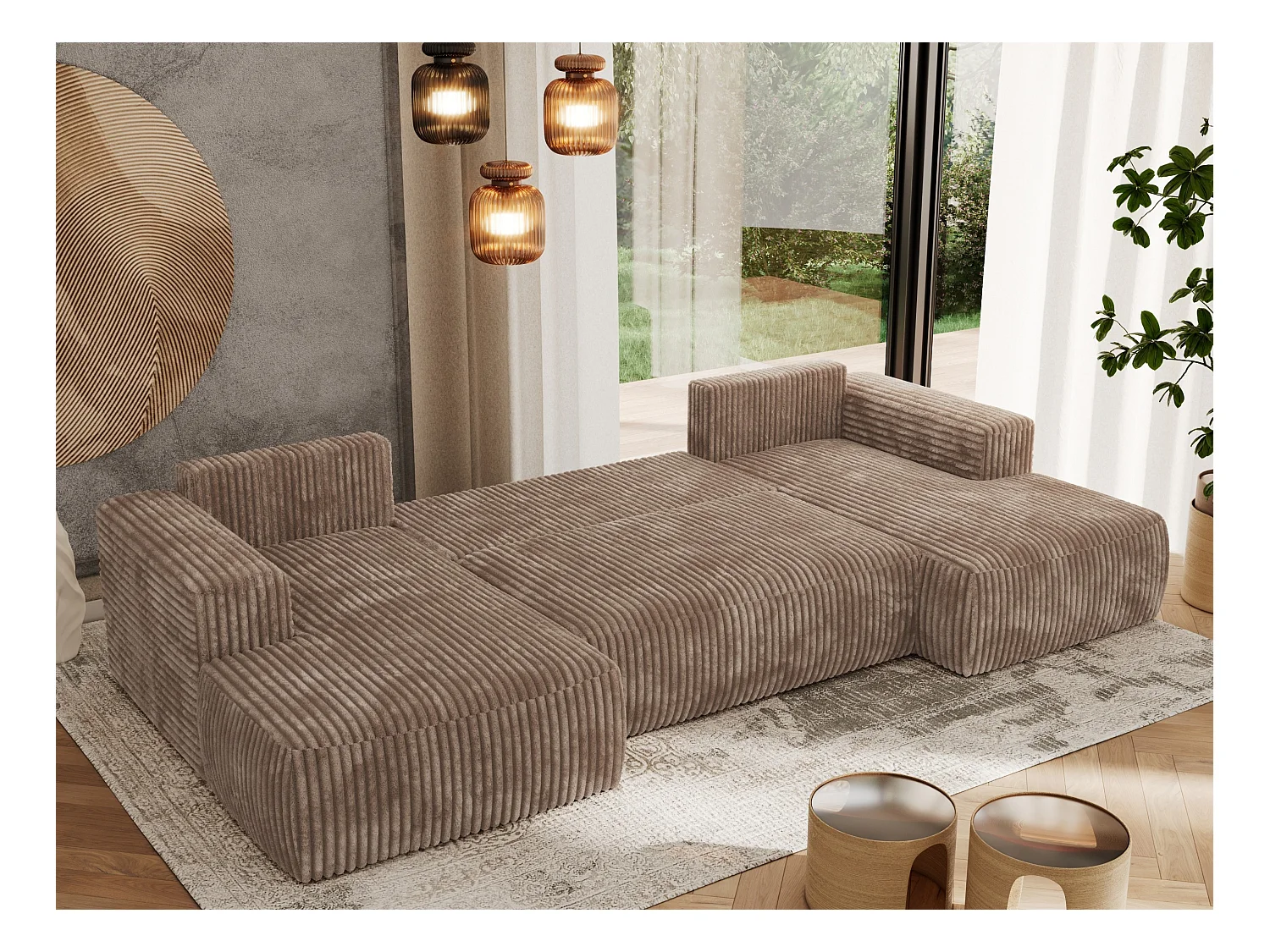 Ecksofa TRENTINO U - mit Schlaffunktion und Bettkasten, U-förmiges Wohnlandschaft, Armlehnen - Braun Cord