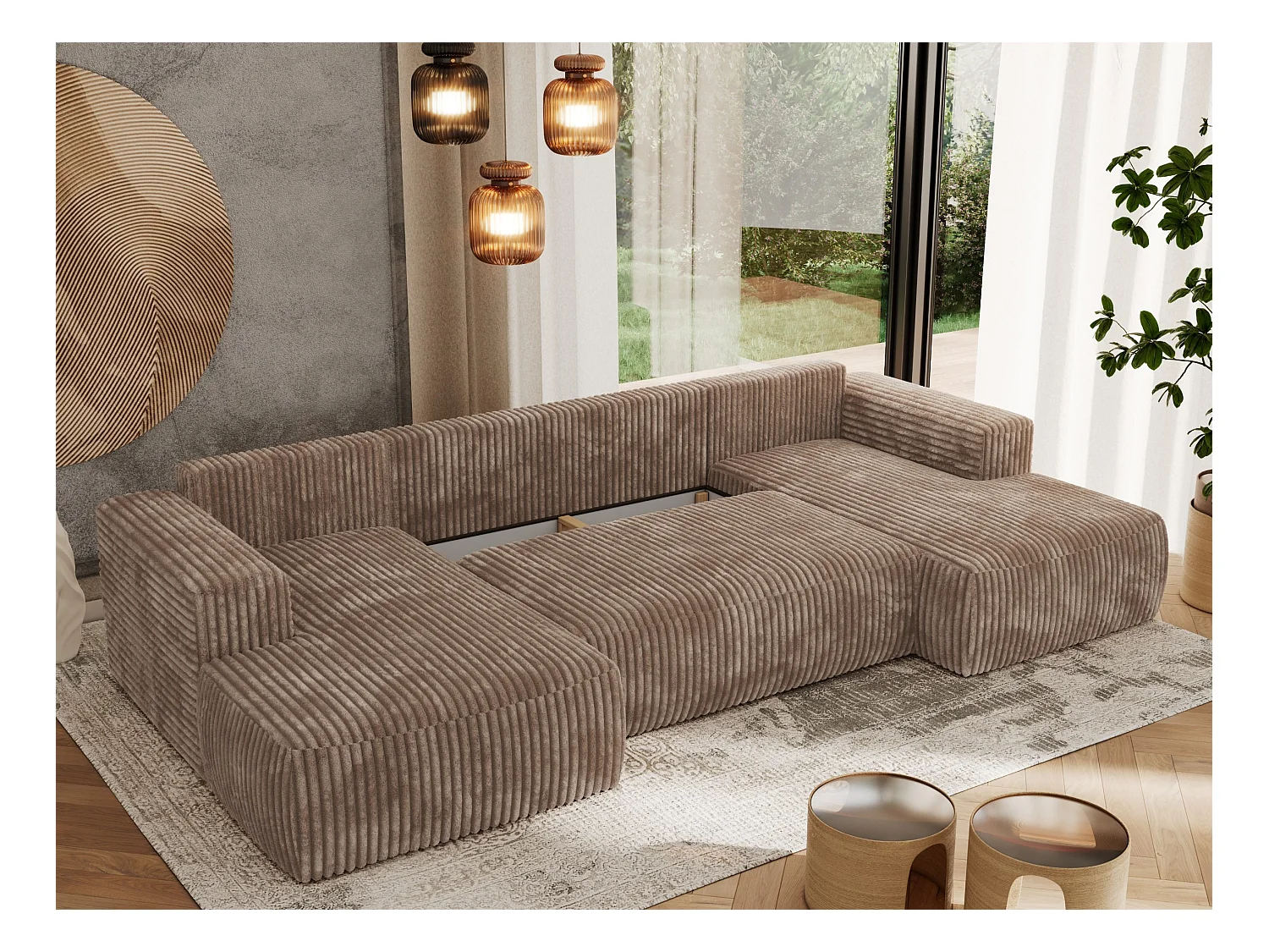 Ecksofa TRENTINO U - mit Schlaffunktion und Bettkasten, U-förmiges Wohnlandschaft, Armlehnen - Braun Cord