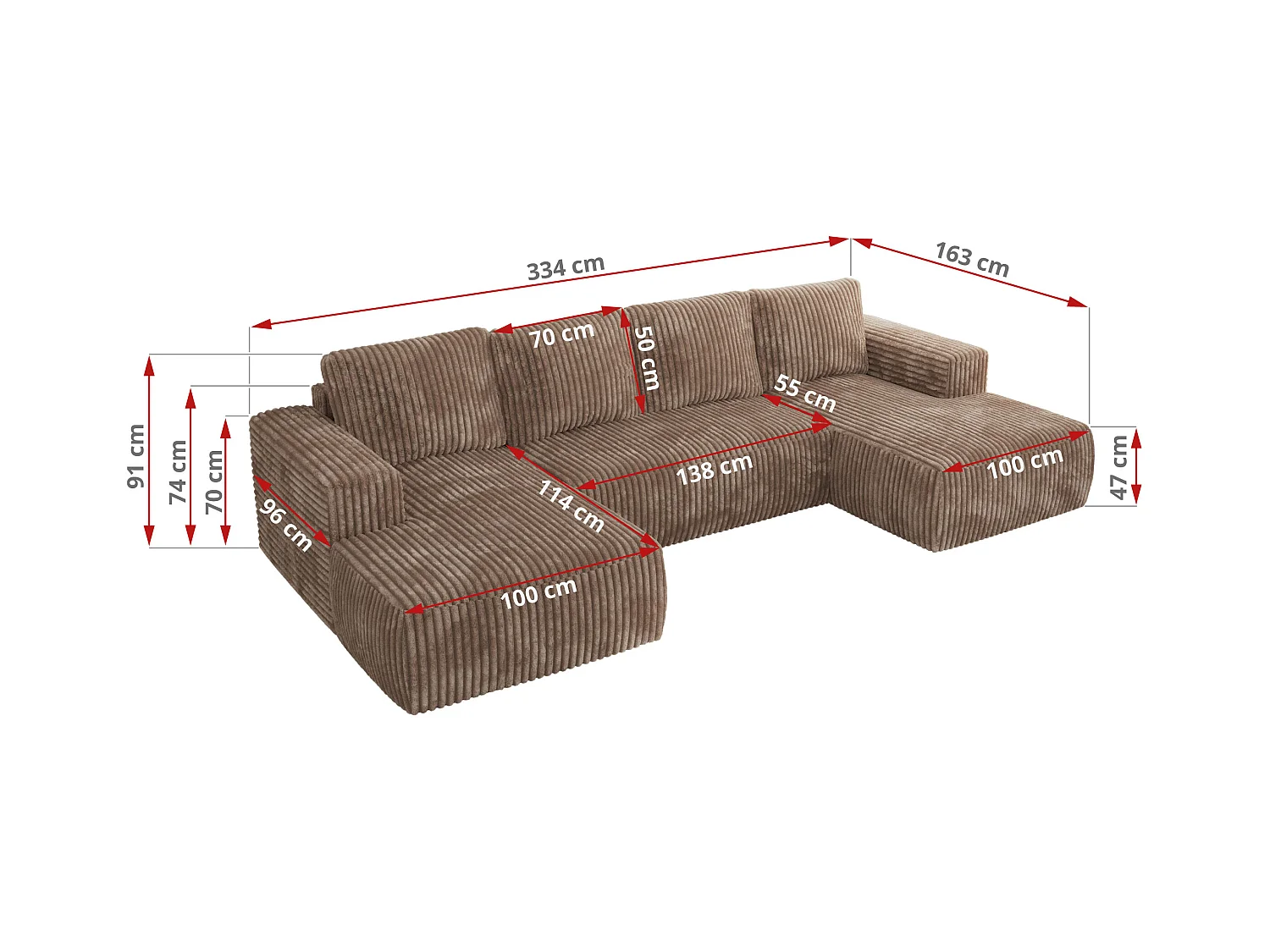 Ecksofa TRENTINO U - mit Schlaffunktion und Bettkasten, U-förmiges Wohnlandschaft, Armlehnen - Braun Cord