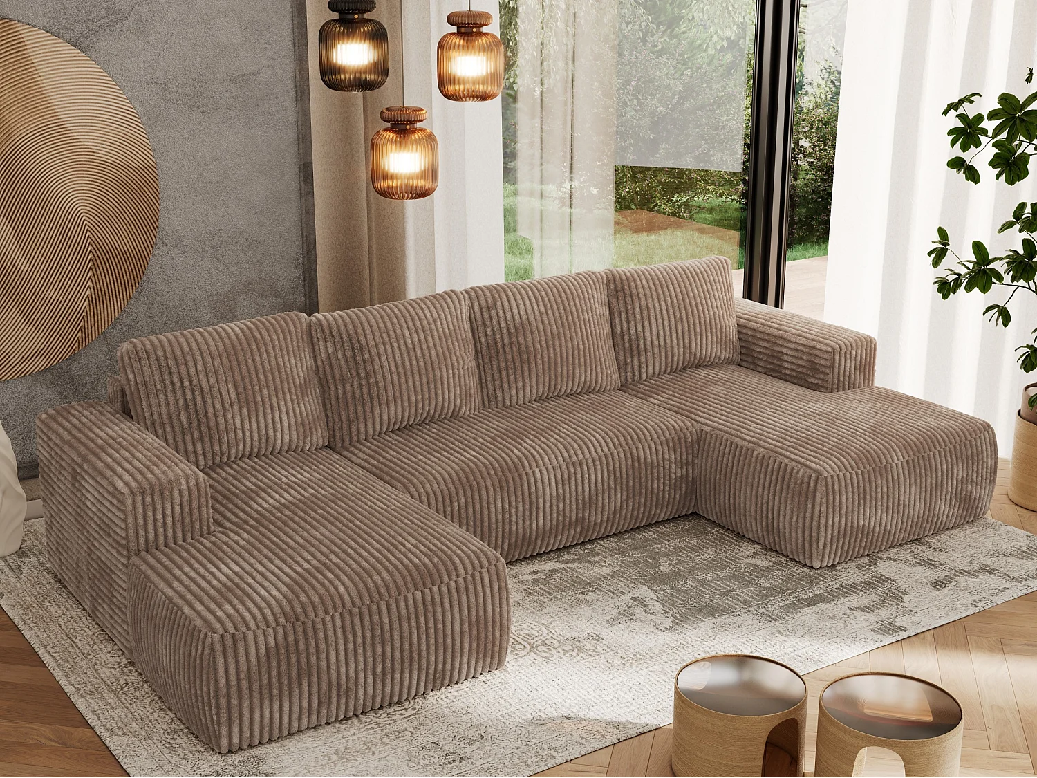 Ecksofa TRENTINO U - mit Schlaffunktion und Bettkasten, U-förmiges Wohnlandschaft, Armlehnen - Braun Cord