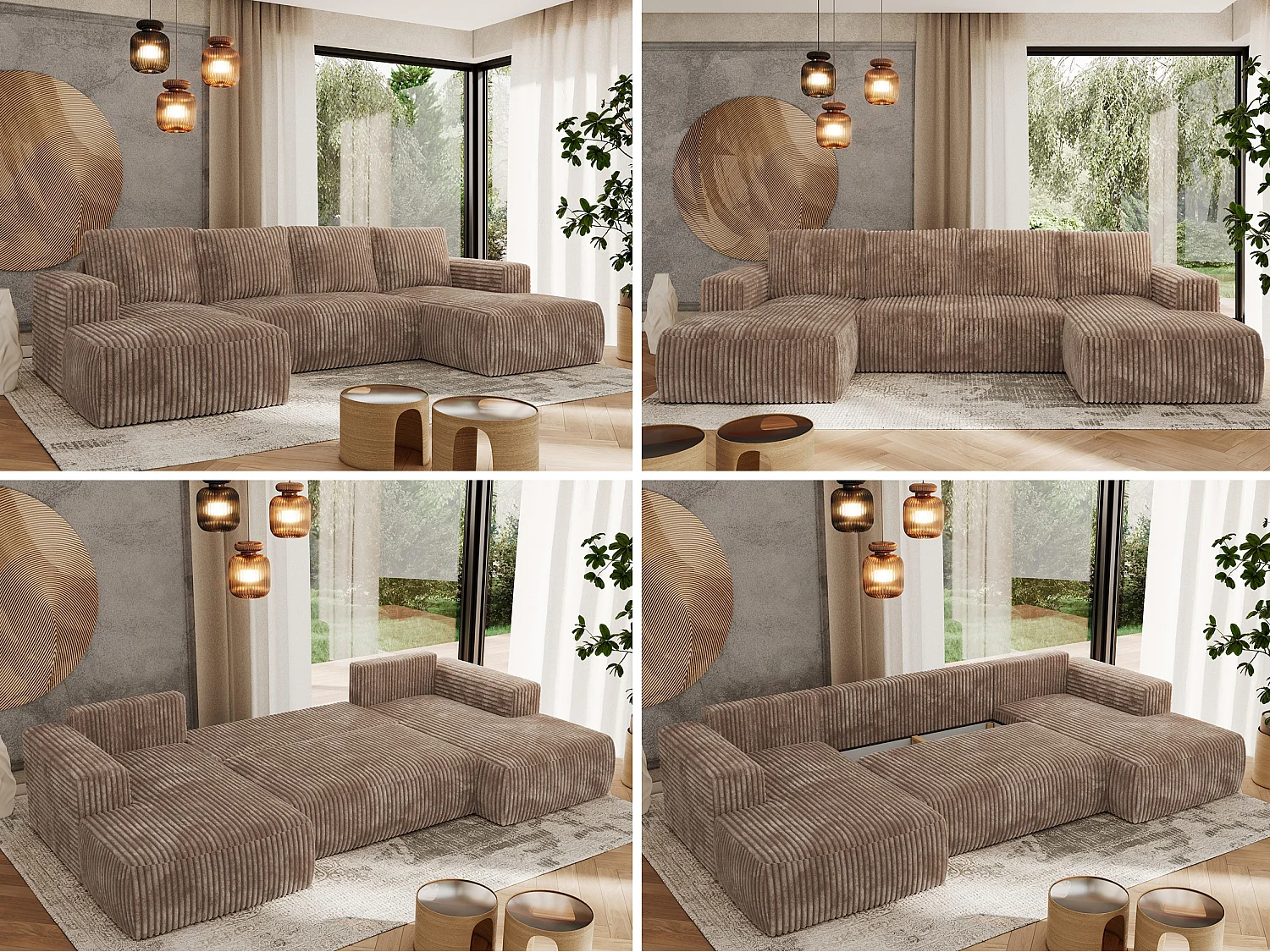 Ecksofa TRENTINO U - mit Schlaffunktion und Bettkasten, U-förmiges Wohnlandschaft, Armlehnen - Braun Cord
