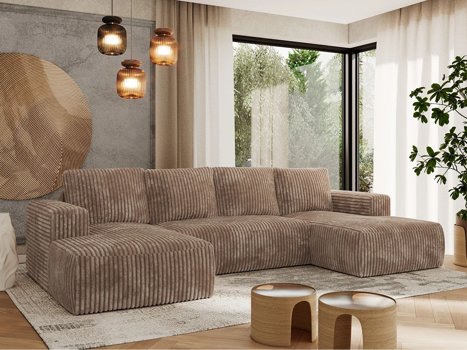 Ecksofa TRENTINO U - mit Schlaffunktion und Bettkasten, U-förmiges Wohnlandschaft, Armlehnen - Braun Cord