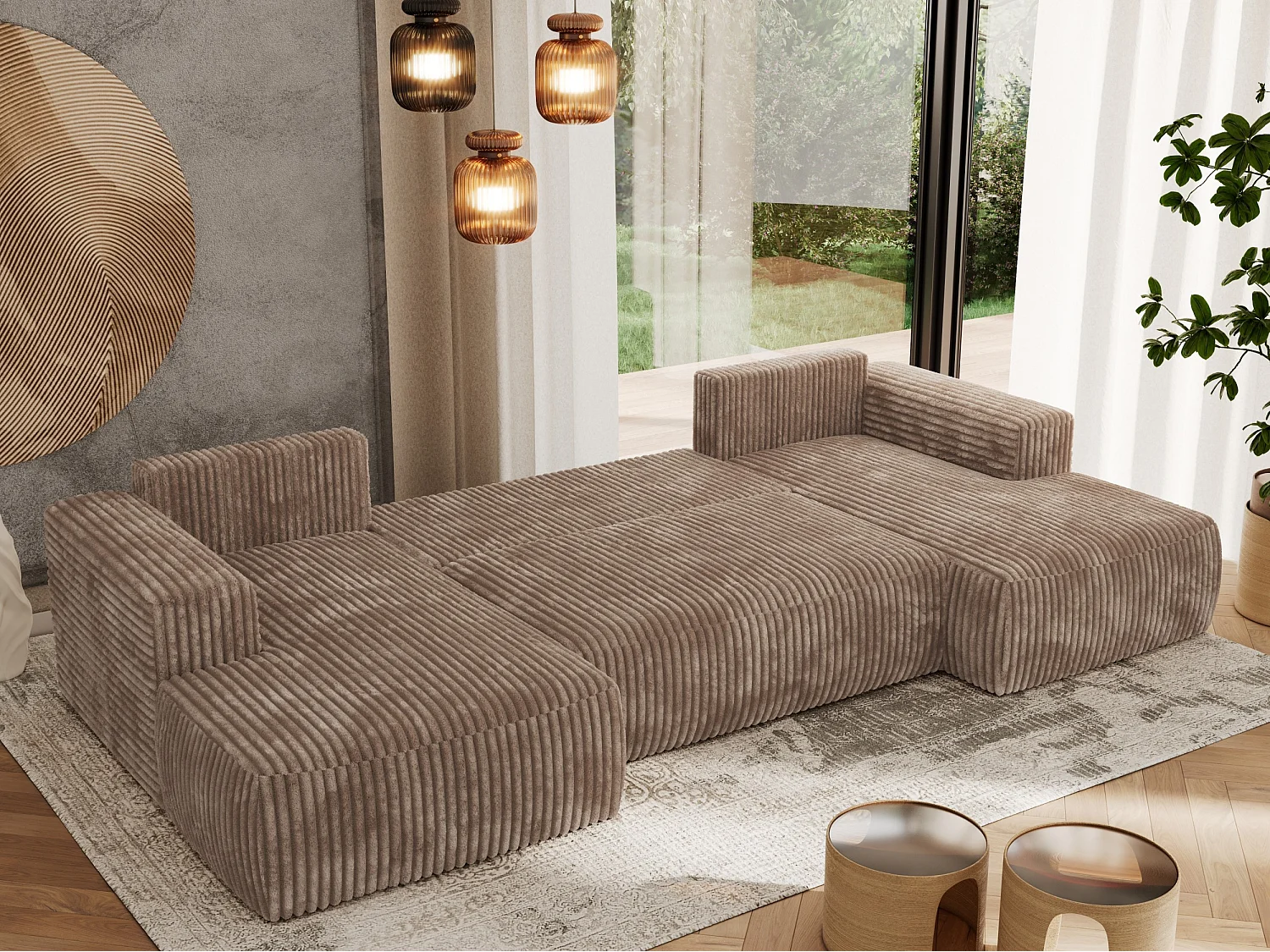 Ecksofa TRENTINO U - mit Schlaffunktion und Bettkasten, U-förmiges Wohnlandschaft, Armlehnen - Braun Cord