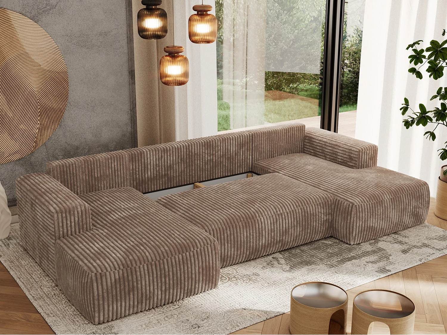 Ecksofa TRENTINO U - mit Schlaffunktion und Bettkasten, U-förmiges Wohnlandschaft, Armlehnen - Braun Cord