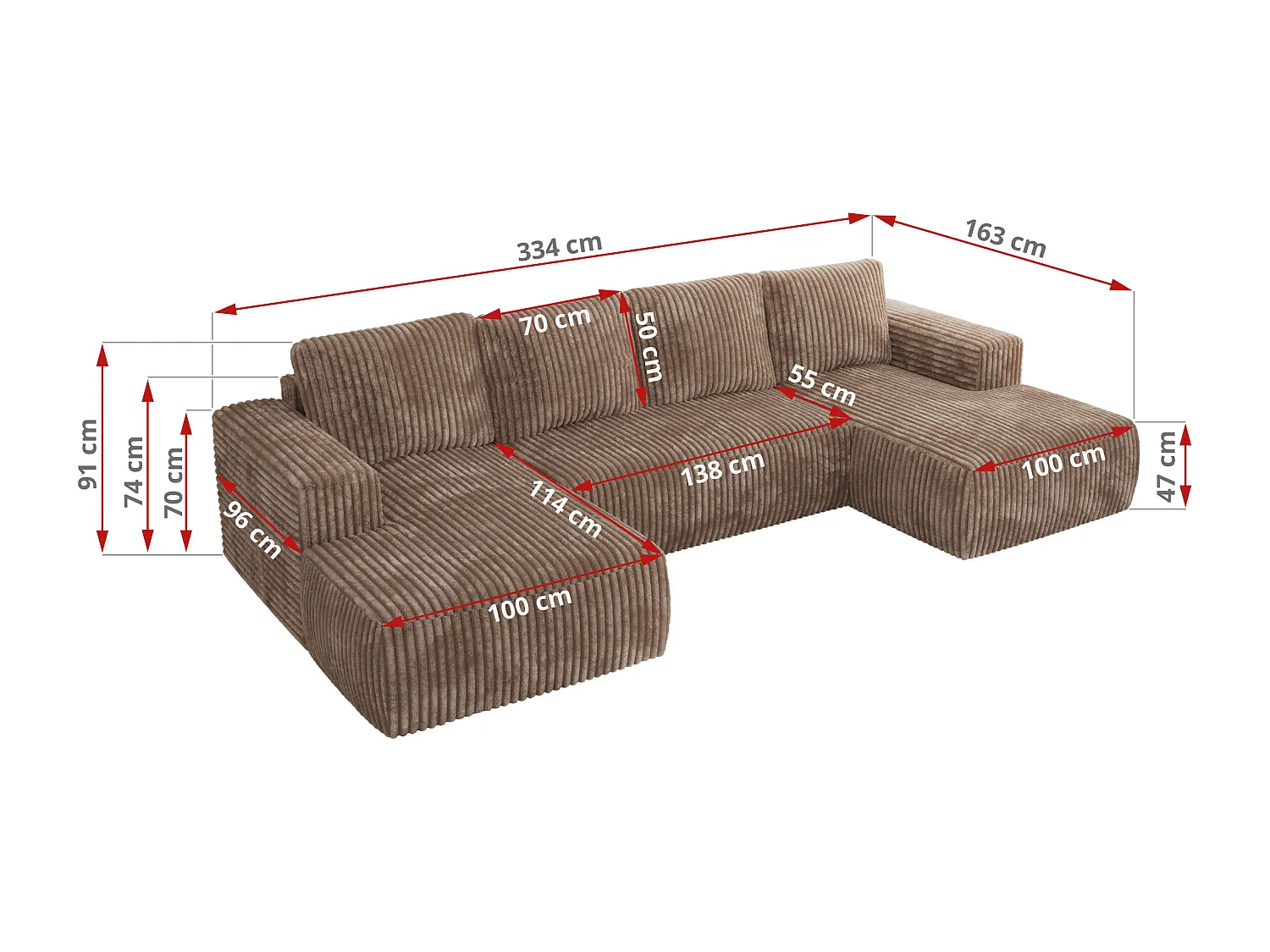 Ecksofa TRENTINO U - mit Schlaffunktion und Bettkasten, U-förmiges Wohnlandschaft, Armlehnen - Braun Cord