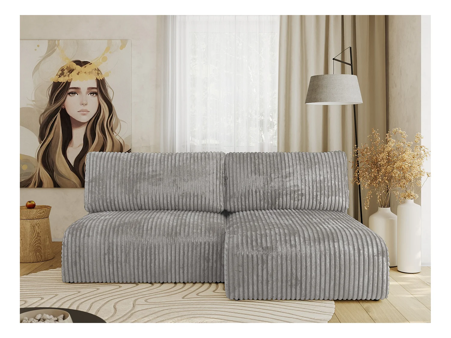 Ecksofa VIVO - L-form Couch mit Schlaffunktion und Bettkasten, Wellenfeder - Grau Cord - Ecke Rechts