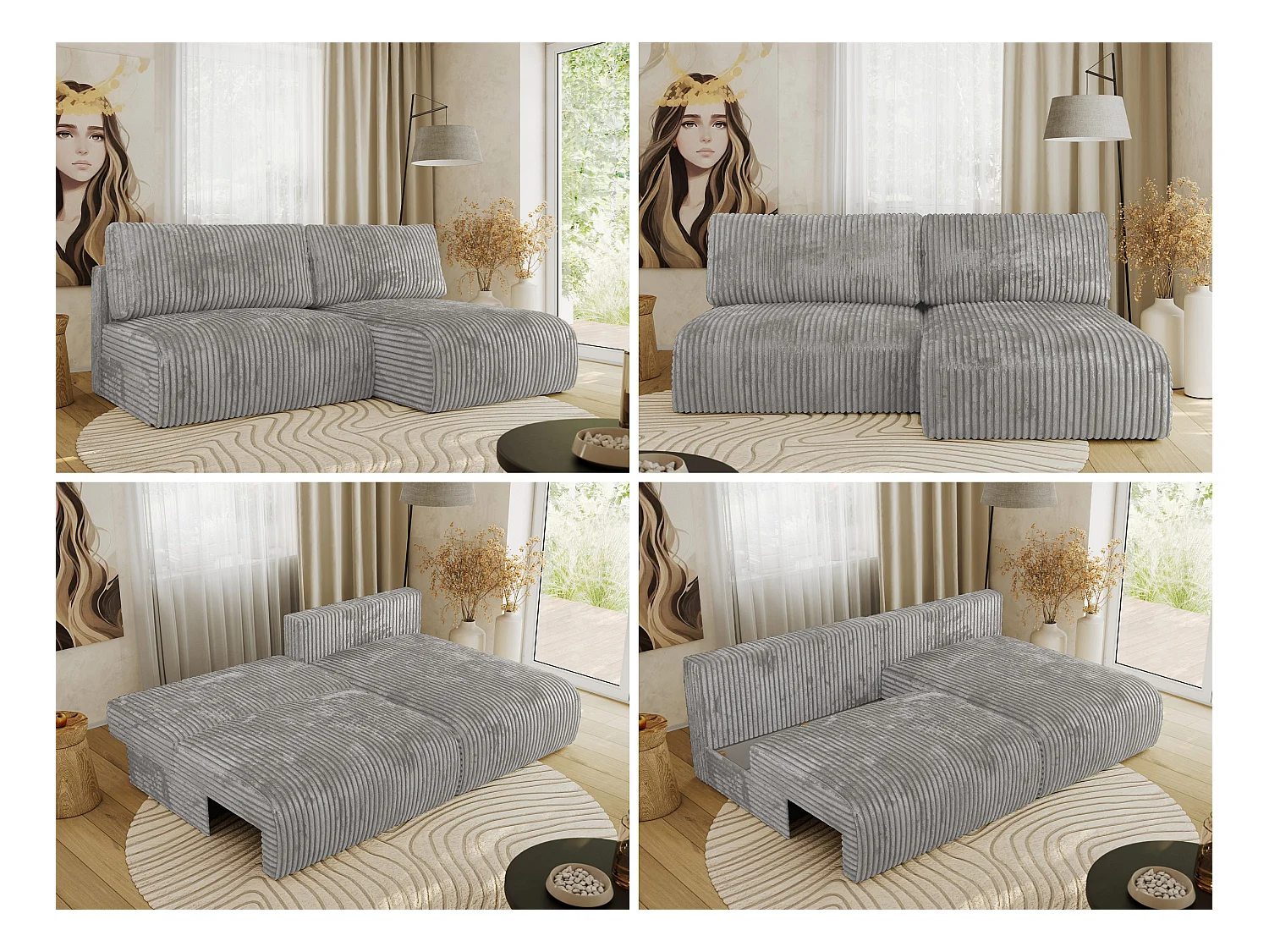 Ecksofa VIVO - L-form Couch mit Schlaffunktion und Bettkasten, Wellenfeder - Grau Cord - Ecke Rechts