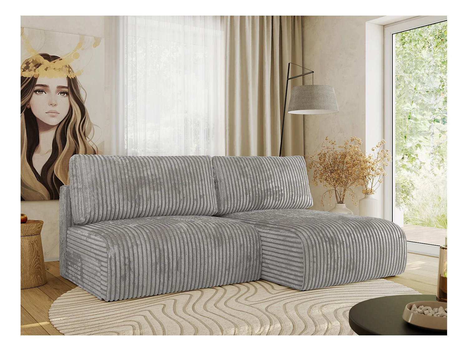 Ecksofa VIVO - L-form Couch mit Schlaffunktion und Bettkasten, Wellenfeder - Grau Cord - Ecke Rechts