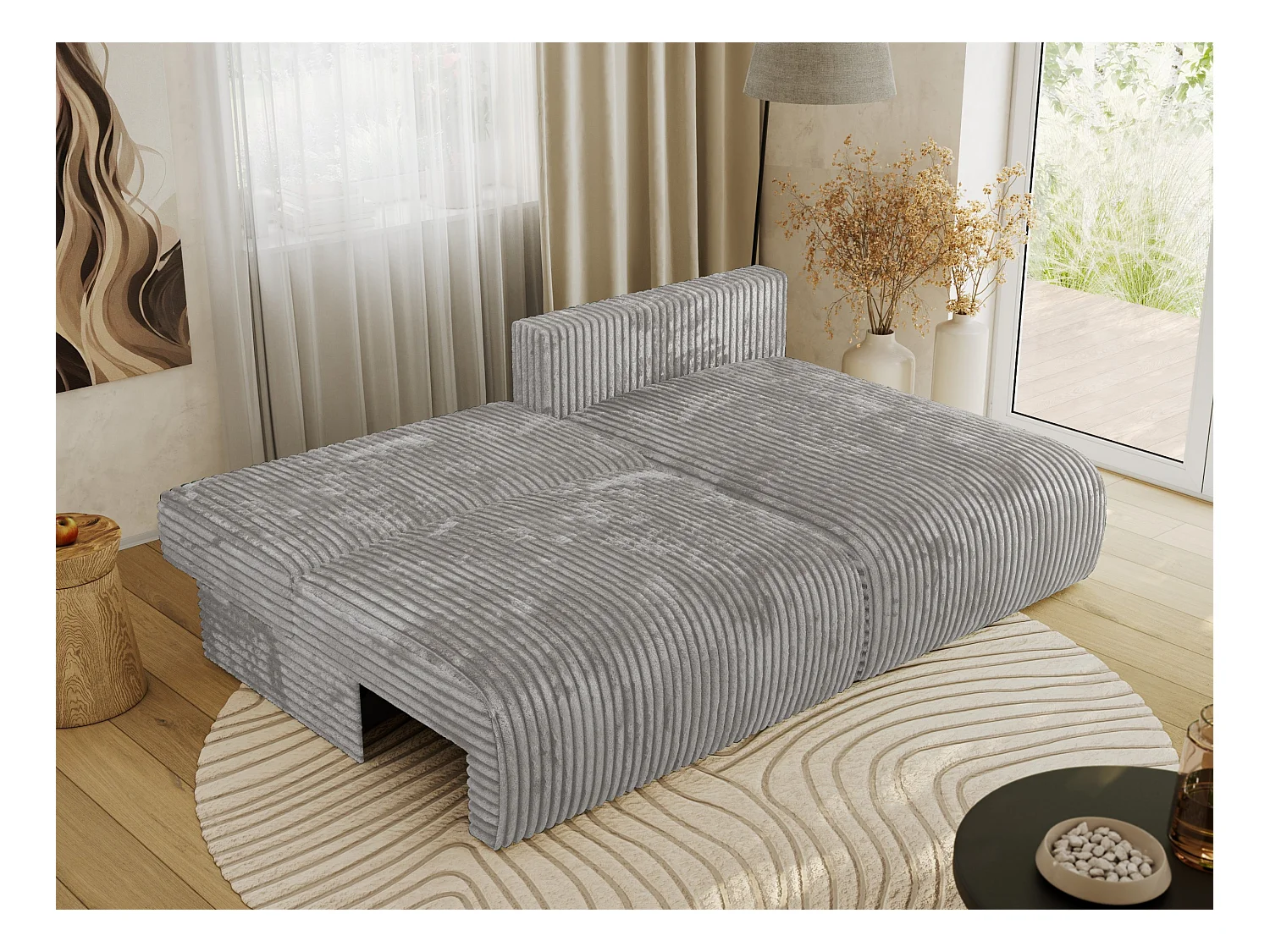 Ecksofa VIVO - L-form Couch mit Schlaffunktion und Bettkasten, Wellenfeder - Grau Cord - Ecke Rechts