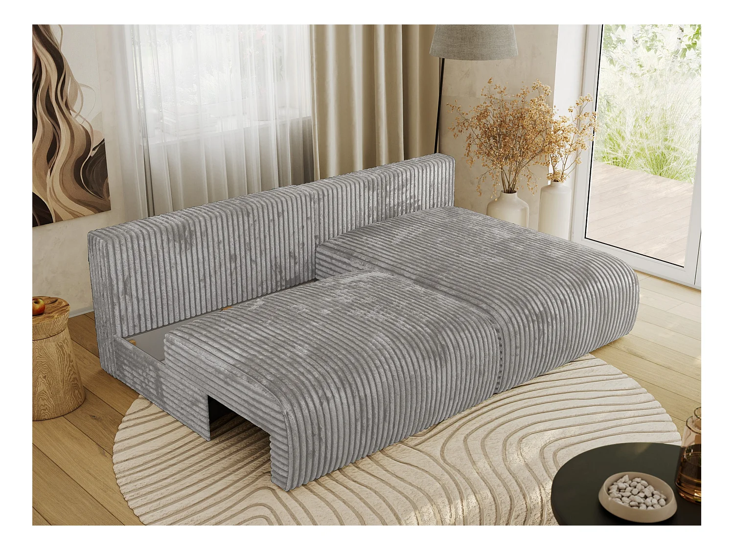 Ecksofa VIVO - L-form Couch mit Schlaffunktion und Bettkasten, Wellenfeder - Grau Cord - Ecke Rechts