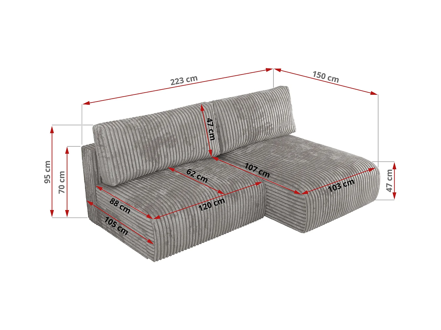 Ecksofa VIVO - L-form Couch mit Schlaffunktion und Bettkasten, Wellenfeder - Grau Cord - Ecke Rechts