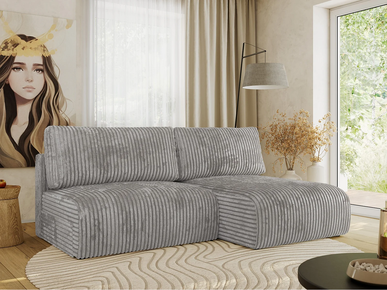 Ecksofa VIVO - L-form Couch mit Schlaffunktion und Bettkasten, Wellenfeder - Grau Cord - Ecke Rechts