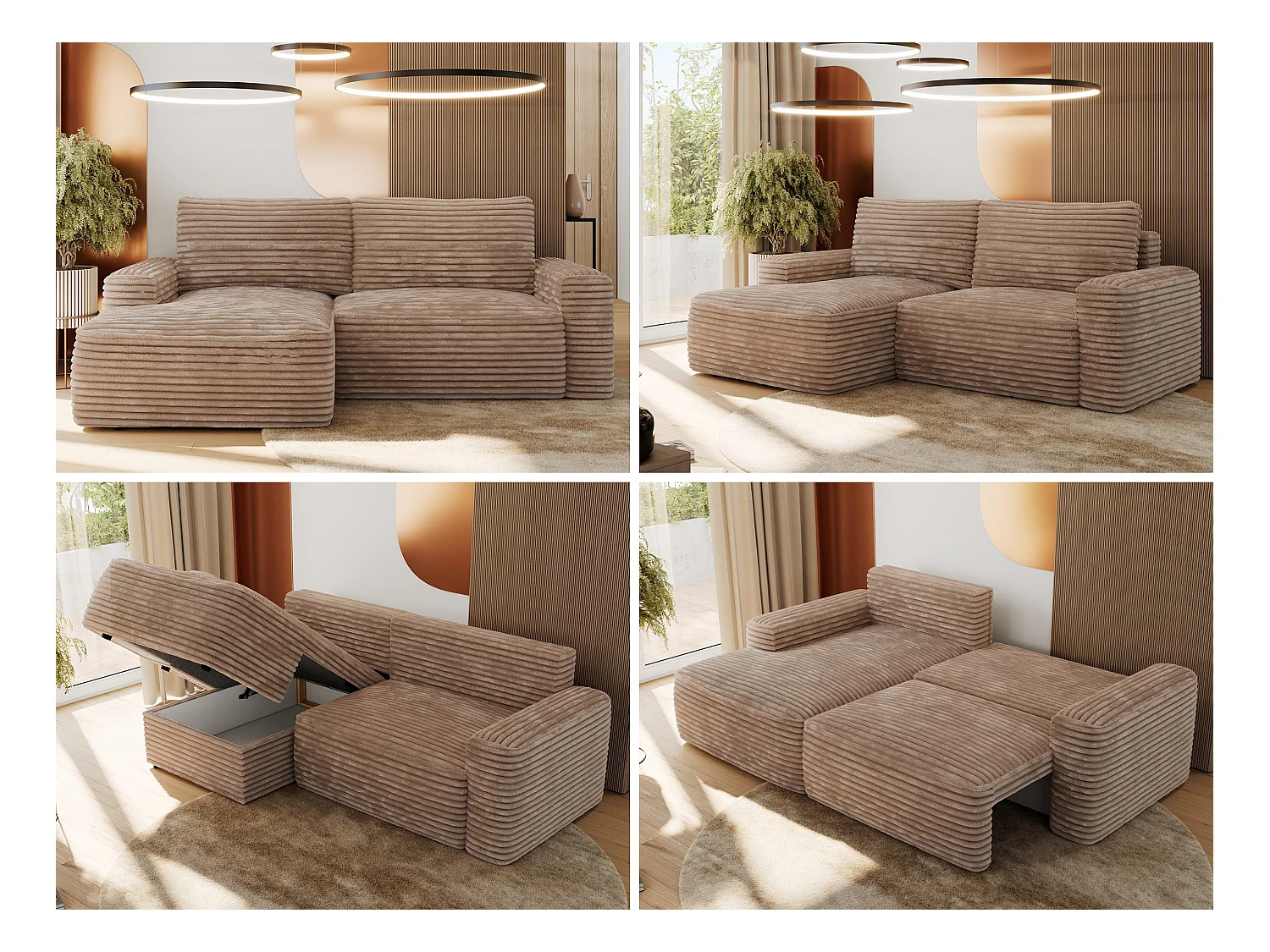 Ecksofa BELLUNO - Schlafsofa mit Bettkasten, Armlehnen, Couch L-form mit Schlaffunktion - Braun Cord - Ecke Links