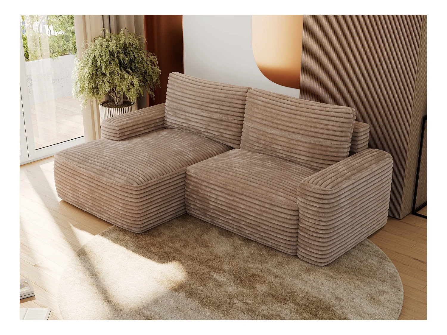 Ecksofa BELLUNO - Schlafsofa mit Bettkasten, Armlehnen, Couch L-form mit Schlaffunktion - Braun Cord - Ecke Links