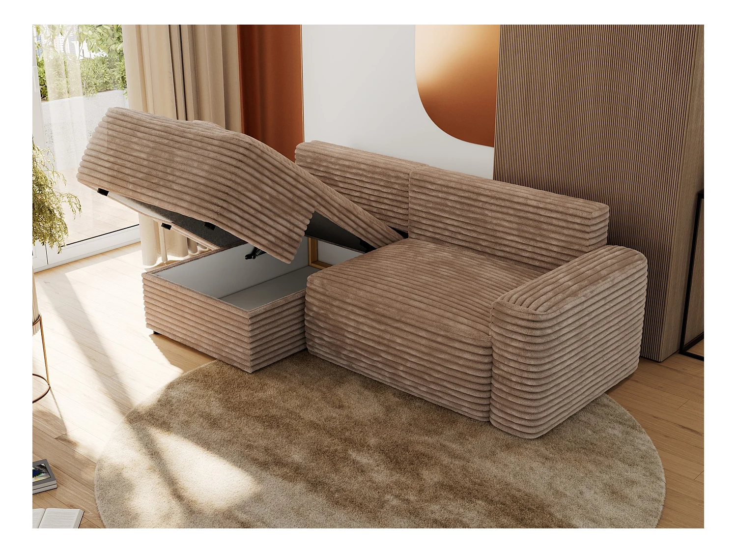 Ecksofa BELLUNO - Schlafsofa mit Bettkasten, Armlehnen, Couch L-form mit Schlaffunktion - Braun Cord - Ecke Links