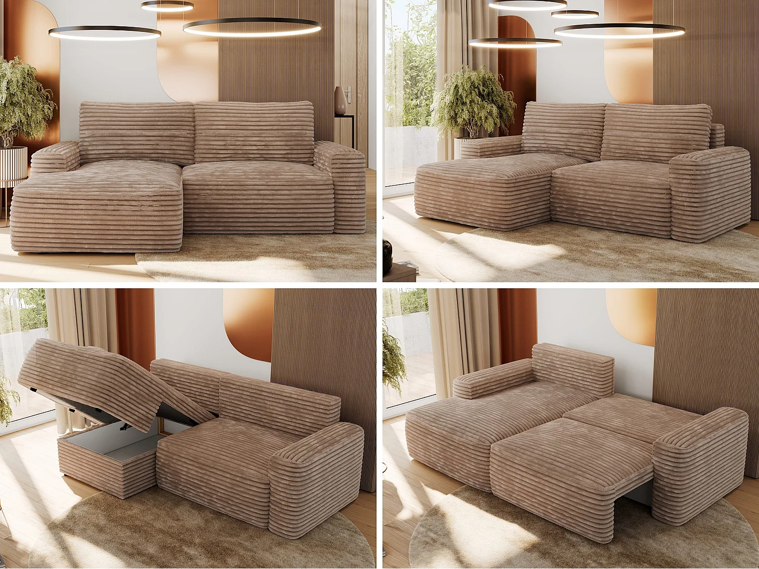 Ecksofa BELLUNO - Schlafsofa mit Bettkasten, Armlehnen, Couch L-form mit Schlaffunktion - Braun Cord - Ecke Links