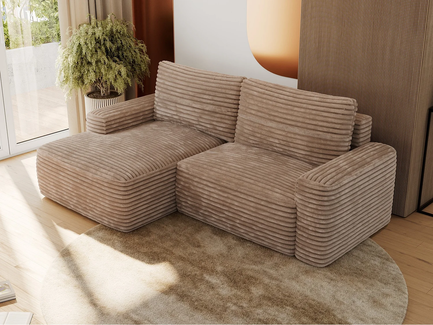 Ecksofa BELLUNO - Schlafsofa mit Bettkasten, Armlehnen, Couch L-form mit Schlaffunktion - Braun Cord - Ecke Links